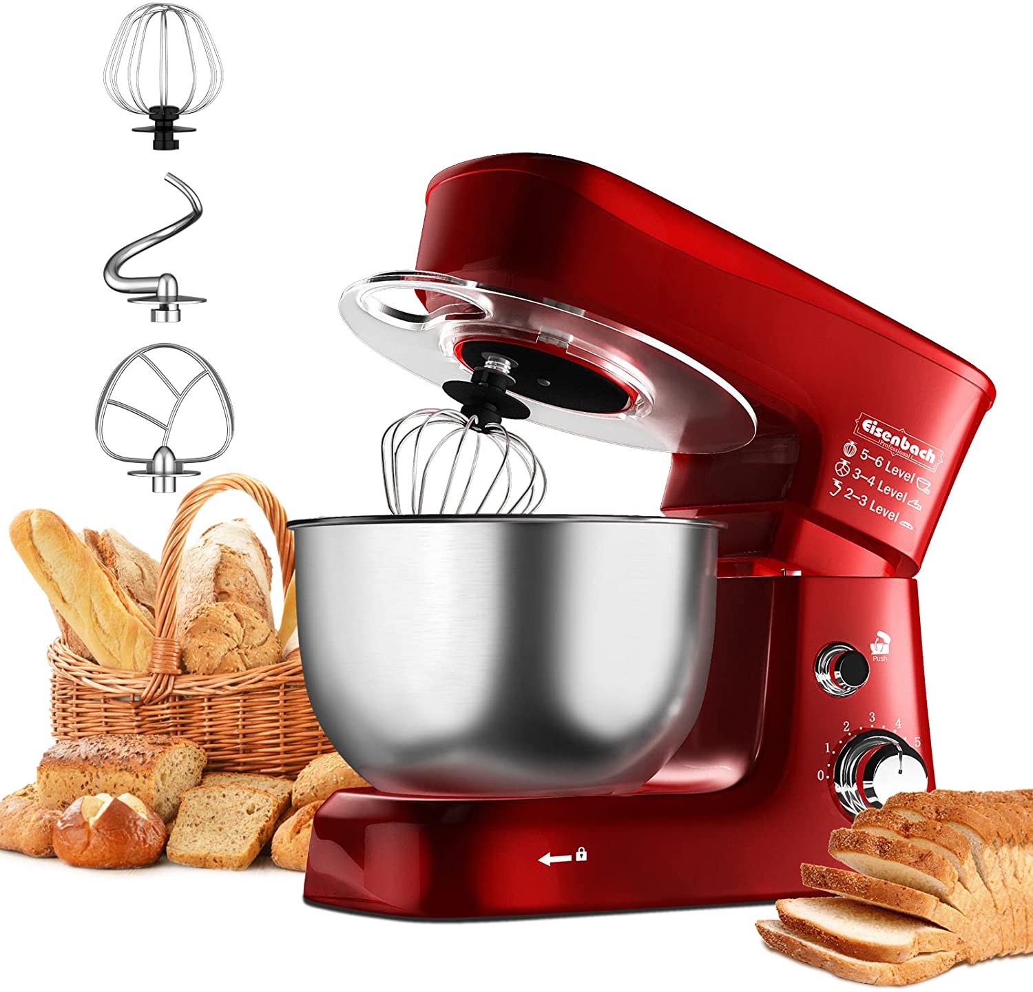 Eisenbach Professional Food Processor 1200 W Kneading Machine, 3.5 L Food Processor, Dough Machine, 6 Speeds, 8 Other Accessories Included, Dough Hook, Flat Stirrer, Whisk, 207 Red