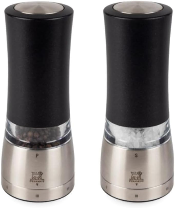 PEUGEOT - Daman u\'Select Set 16 cm (Electric Pepper Mill + Salt Mill) - 6 Grinding Levels - Zirlion Grinder for Powder Fine Salt - Stainless Steel - French Know-How - With Iridescent Black Finish
