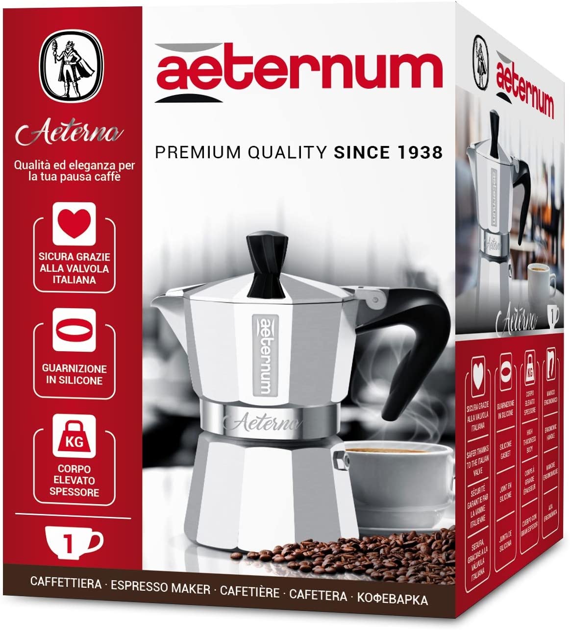 Bialetti 005091 Aeterna Espresso Maker for 1 Cup, Aluminium, Silver, 30 x 20 x 15 cm