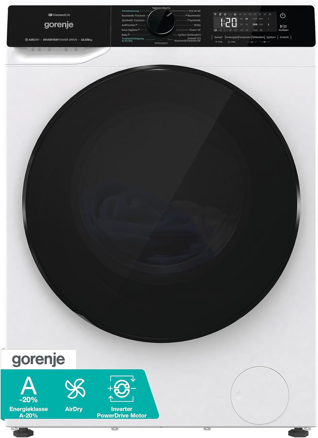 Gorenje WD2PA1X64ADW, DE Washer Dryer, Connect Life, 16 Programmes, 10.5 kg, 54 Litres, 1400 U, Min, Total AquaStop, AirDry, Inverter PowerDrive Motor, AllergySteam, Wash & Dry 60 inches, A-20%