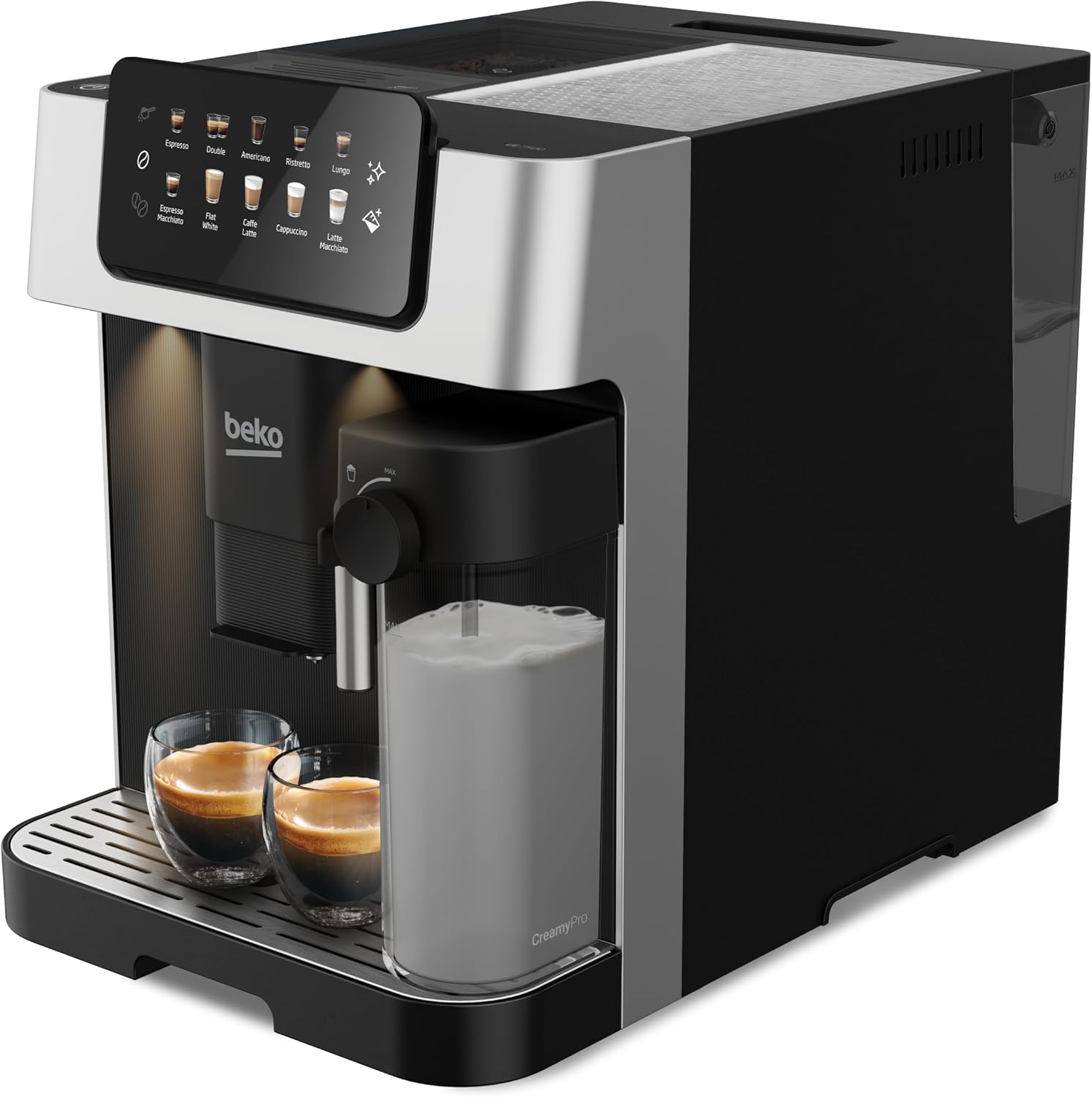 Beko - CEG7304X - Fully Automatic Coffee Machine with Milk Jug, Digital, Automatic Premelting, Pressure 19 Bar - Black, 27.5 x 40.5 x Height 34 cm