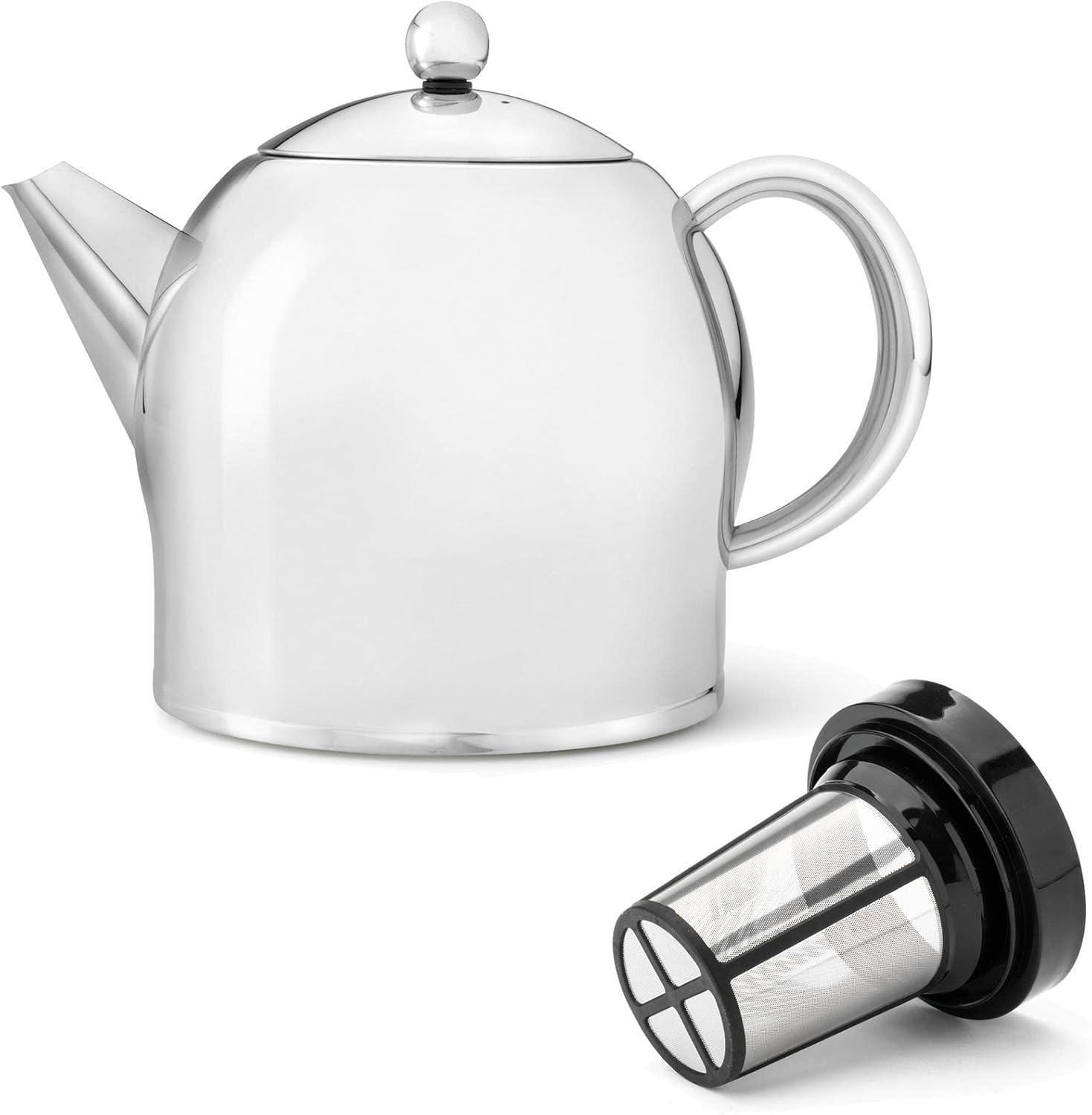 Teapot Set 1.4 Litres - Shiny Stainless Steel Double-Walled - Large Tea Maker with Tea Filter Strainer Attachment for Loose Tea