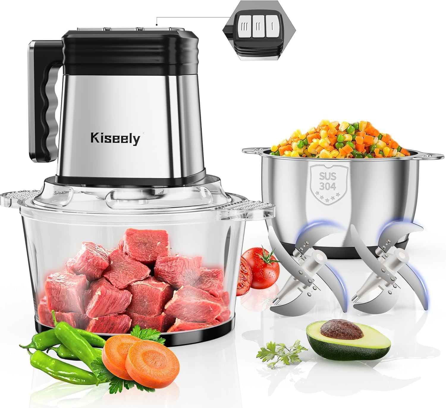 Electric Multi Chopper, Universal Chopper with 3 Speeds, 2 Bowls and 2 Sets with Two-Stage Blades, 400W Meat and Vegetable Grinder for Meat, Vegetables (UT2)
