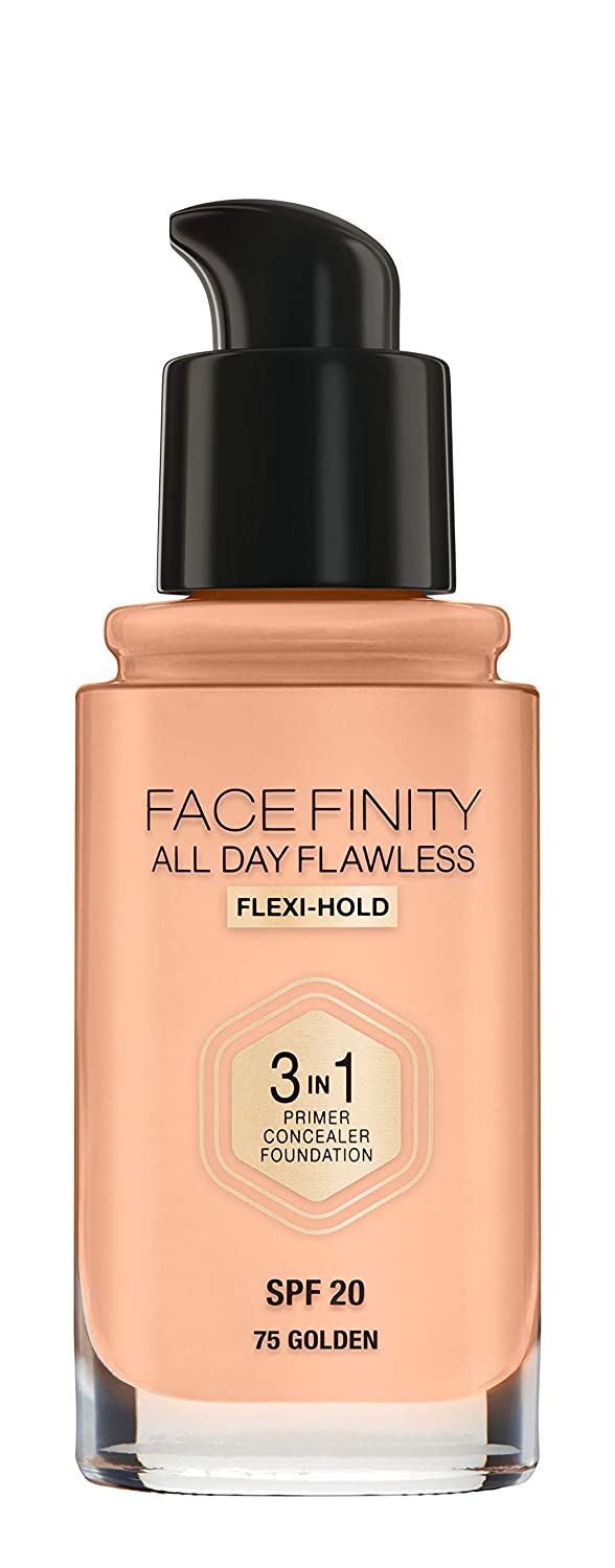 Max Factor Facefinity All Day Flawless-3 in-1 Foundation in Golden 75 - Primer, Concealer & Foundation in One - For A Perfect Matte Finish - 1 x 30 ml, ‎75