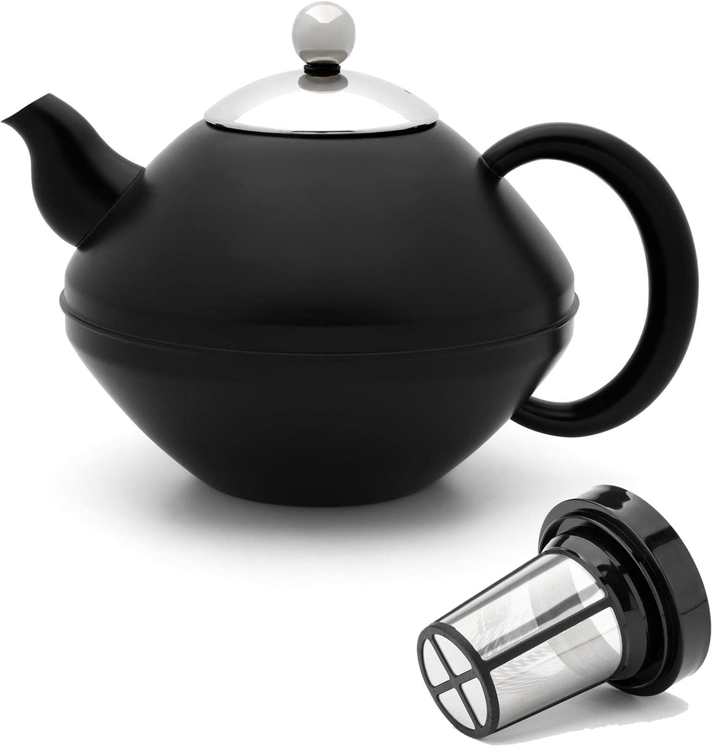 Teapot Set 1.4 Litres – Stainless Steel Double-Walled Black Matt – Large Classic Tea Maker with Tea Filter Strainer Attachment for Loose Tea