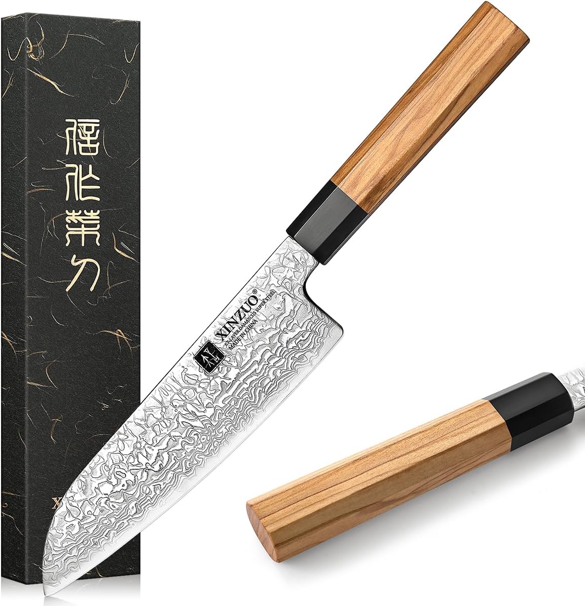 XINZUO Zhen Series 18.5 cm Santoku Knife, 67 Layers Damascus Steel Kitchen Knife, Multifunctional Damascus Knife, Professional Sharp Chef\'s Knife, Meat Knife, Handmade Octagonal Handle Made of Olive