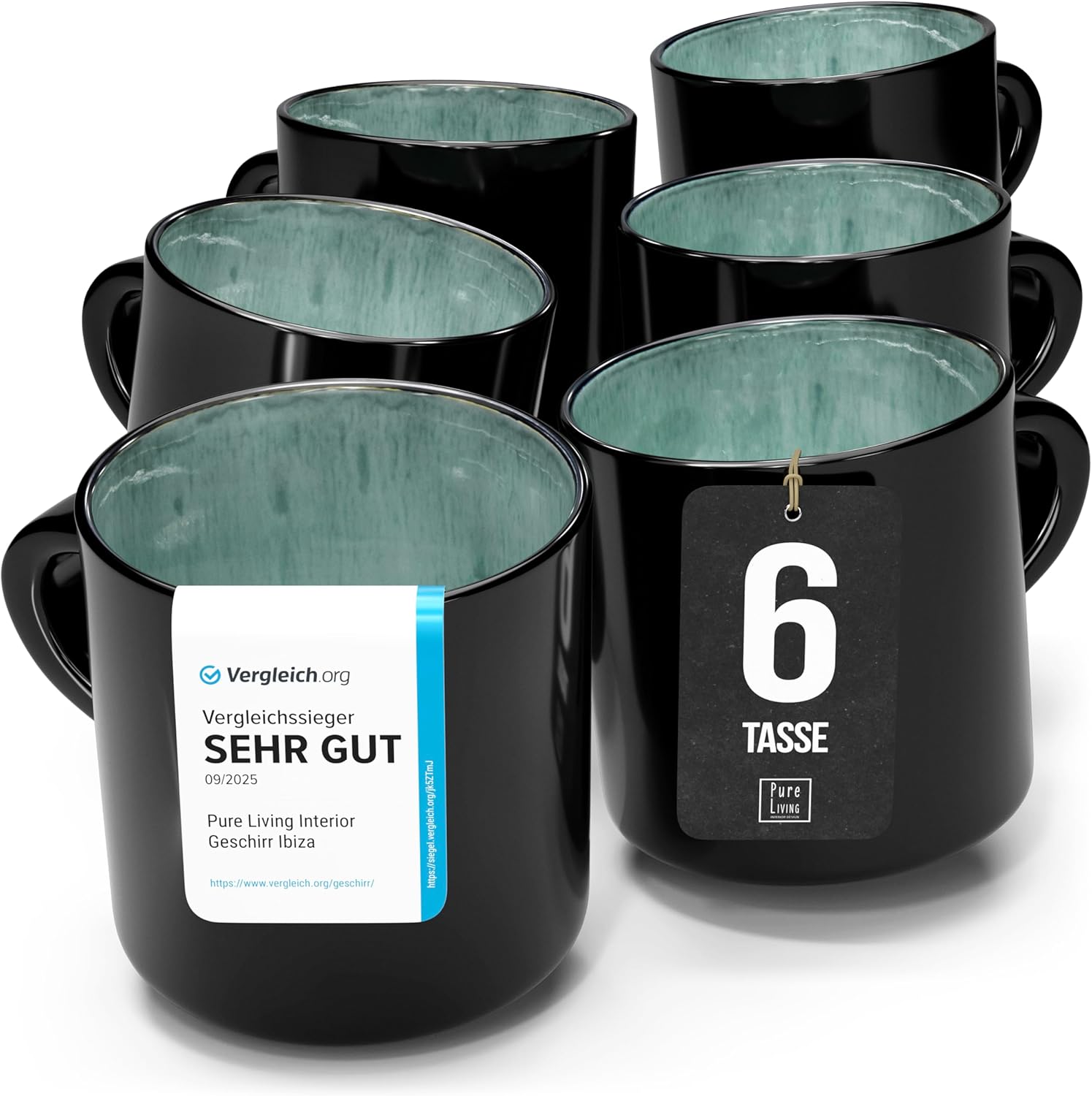 Pure Living Ibiza Stoneware Small Cups for 6 People, High-Quality Mediterranean Cup Set, Tested Very Good, Dishwasher & Microwave Safe, Scratch-Resistant, Stylish Set of Tea & Coffee Cups, Sea Green