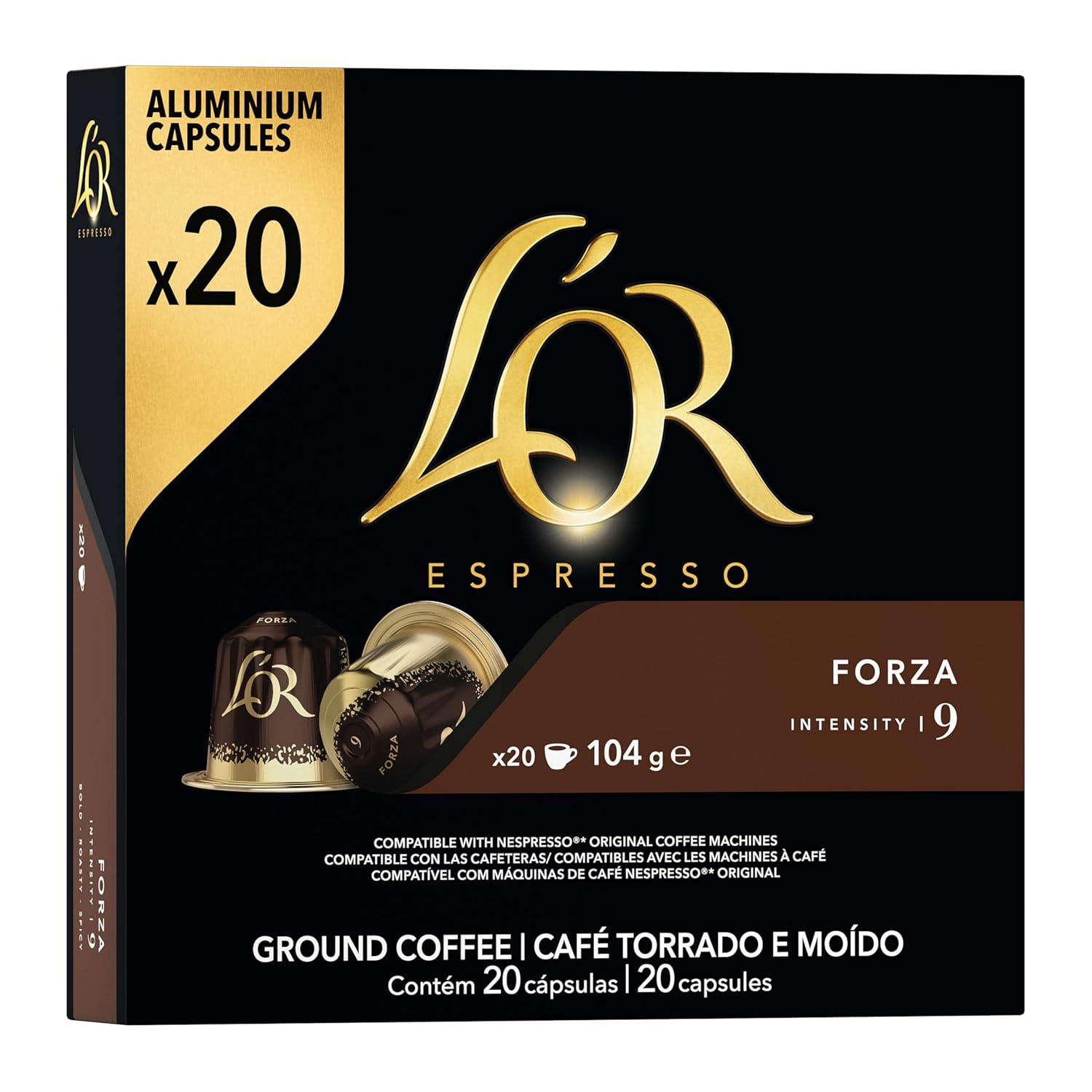 L'OR L\'OR Coffee Capsules Espresso Forza, Intense & Full-bodied, Intensity 9/13, 20 Drinks, Nespresso* Compatible Coffee Capsules, 20 Capsules
