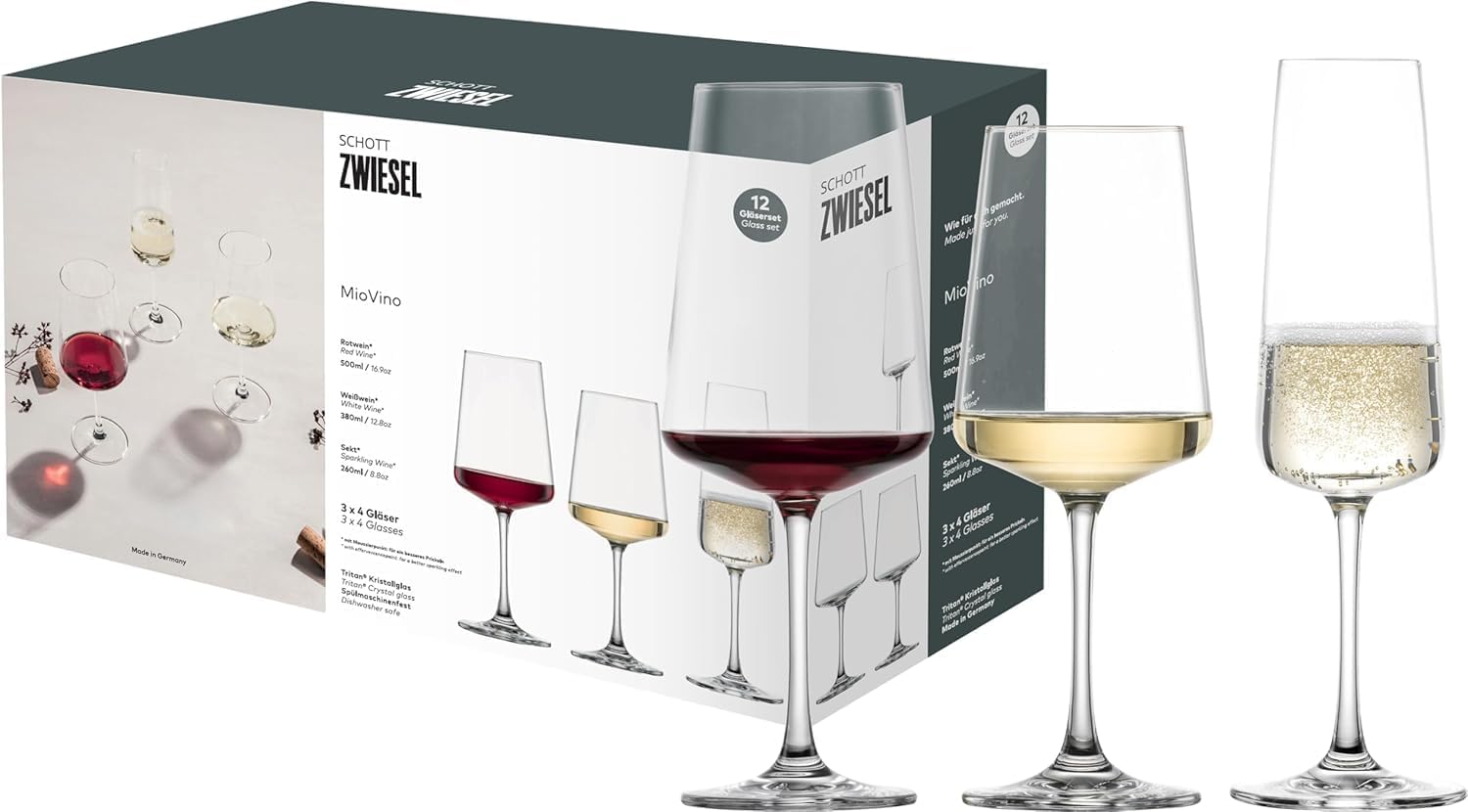 SCHOTT ZWIESEL MioVino Glasses Set (12 Starter Set), Modern Wine Glasses and Champagne Glasses in Set, Dishwasher Safe Tritan Crystal Glasses, Made in Germany (Item No. 124072)