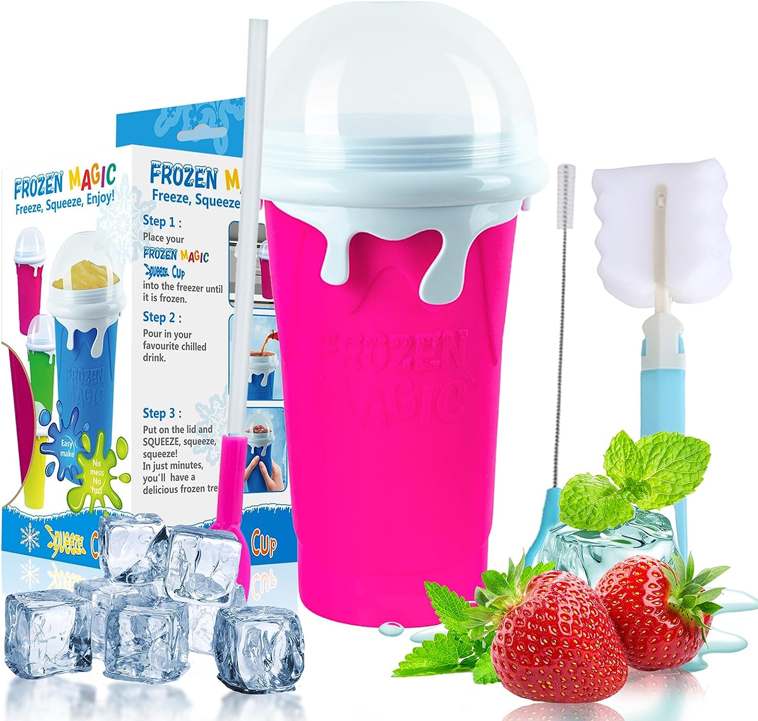 MARUKO Slushy Maker Cup, Fun 500 ml Slush Cup, Squeeze Cup, Magic Slush Ice Machine, Homemade Ice Moulds, Milkshake, Delicious Slush Ice (Pink)