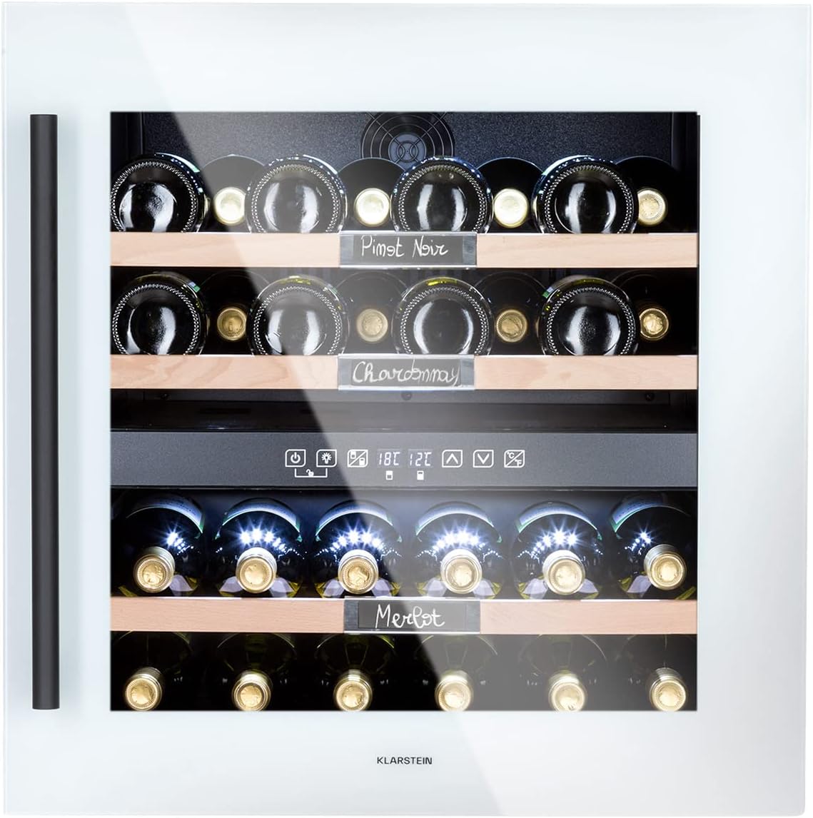 Klarstein Built-in Wine Fridge, 2 Zone Drinks Refrigerator, Small, Small Wine Cabinet, 85 L, Wine Fridge Small with Glass Door, Indoor/Outdoor Bottle Fridge, Wine Fridge 36 Bottles