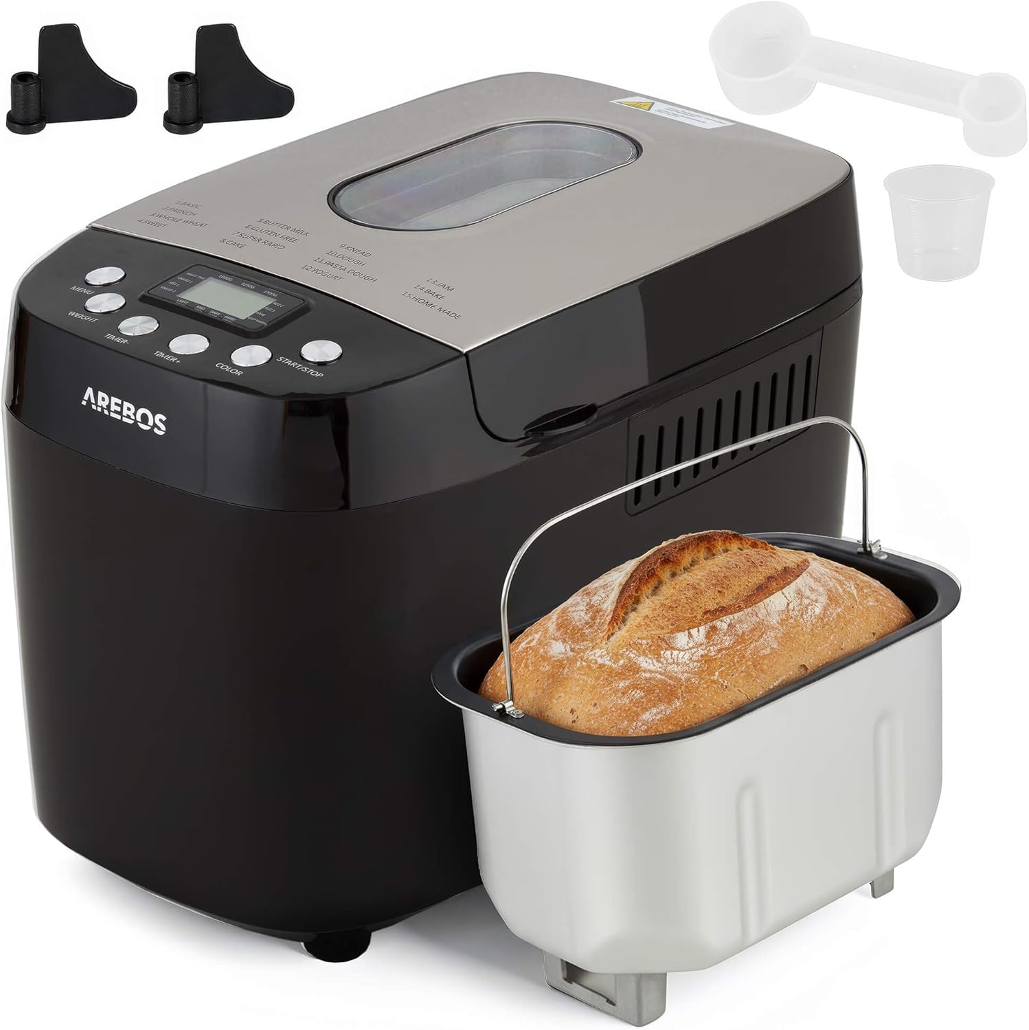 Arebos Bread Maker 1500 g with 15 Programmes 2 Dough Hooks Timer LCD Display 3 Browning Levels and Bread Sizes 850 W Black