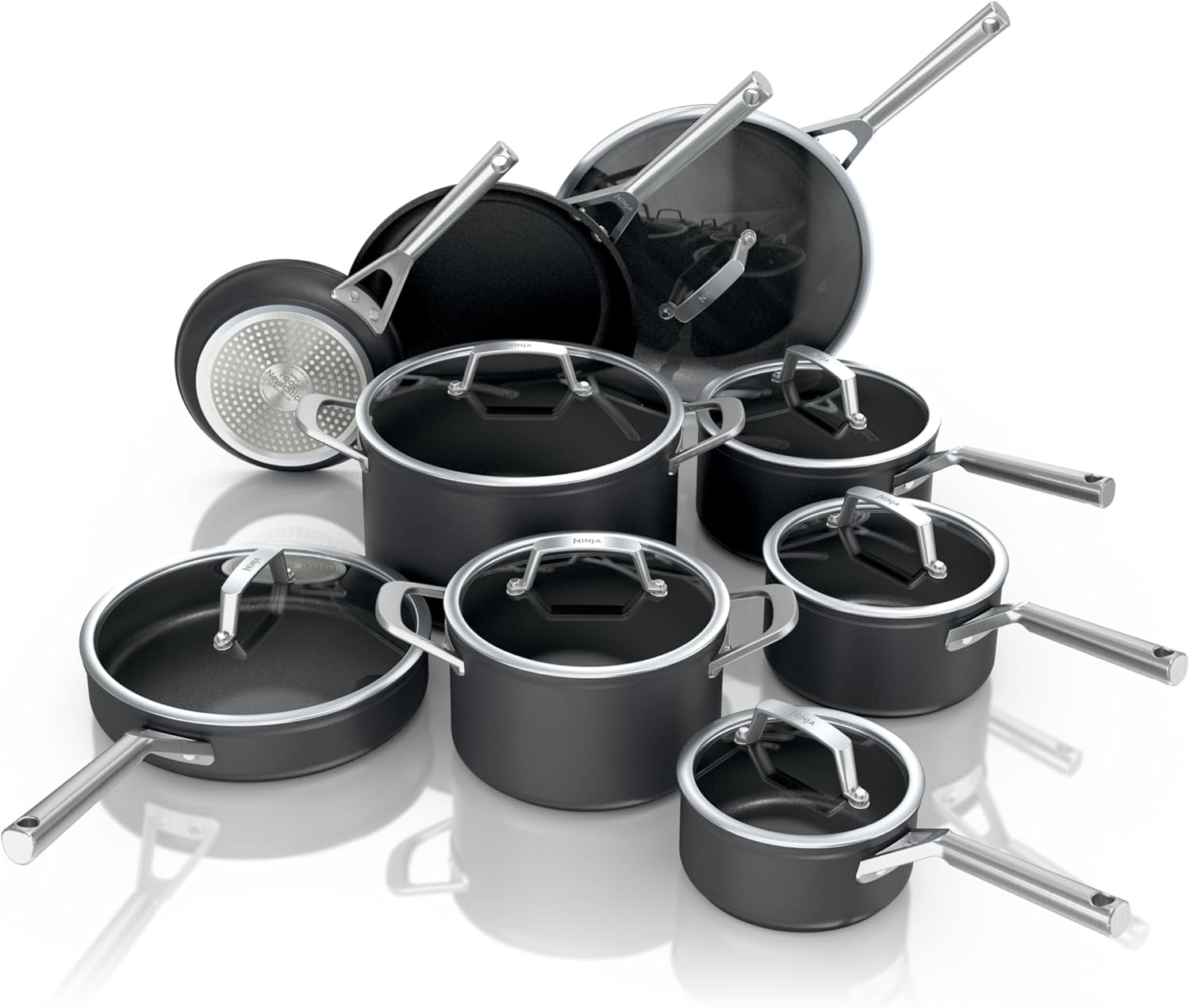 Ninja C39900 16-Piece Foodi Neverstick Premium Anti-Scratch Nesting Pots & Pans with Lids, Aluminum, Black