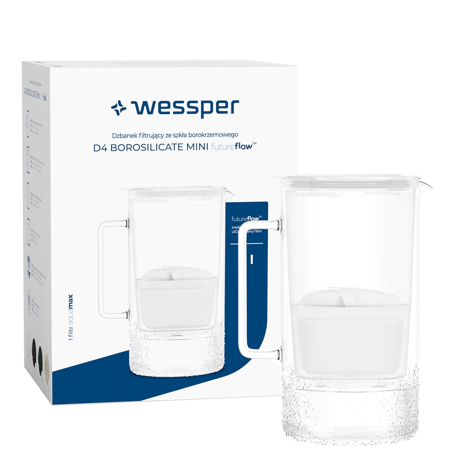 Wessper Glass Water Filter Jug 2 L, BPA-Free Water Carafe with Intelligent Filter Counter Includes 1 x Water Filter Cartridge with Activated Carbon to Reduce Limescale, Chlorine and Heavy Metals