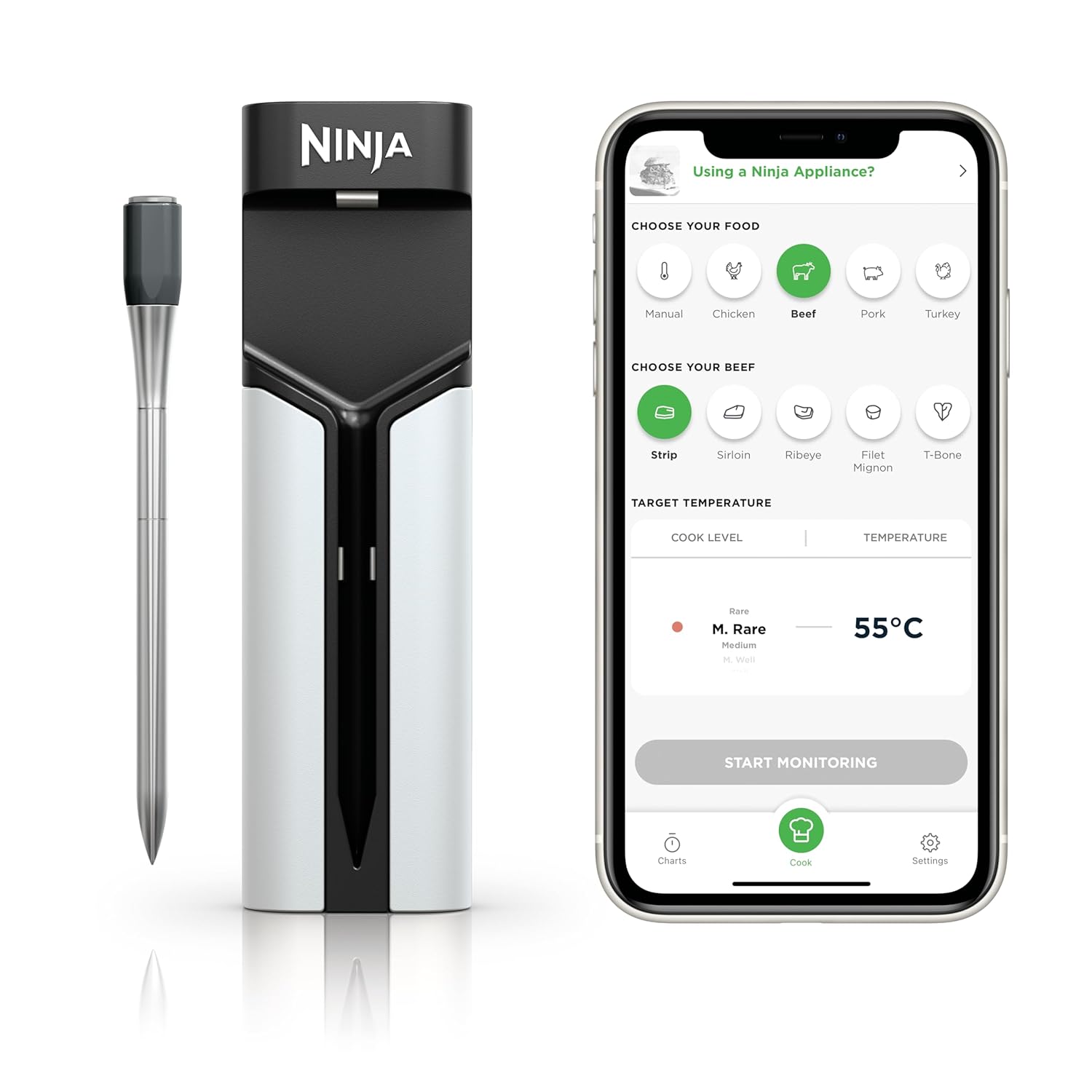 Ninja ProChef WP100EU Wireless Temperature Sensor / Roasting Thermometer, Cooking/Grilling/Air Fry, 50 m Bluetooth Range, 30 Hours Battery Life, App Connected, Heat Resistant, Waterproof
