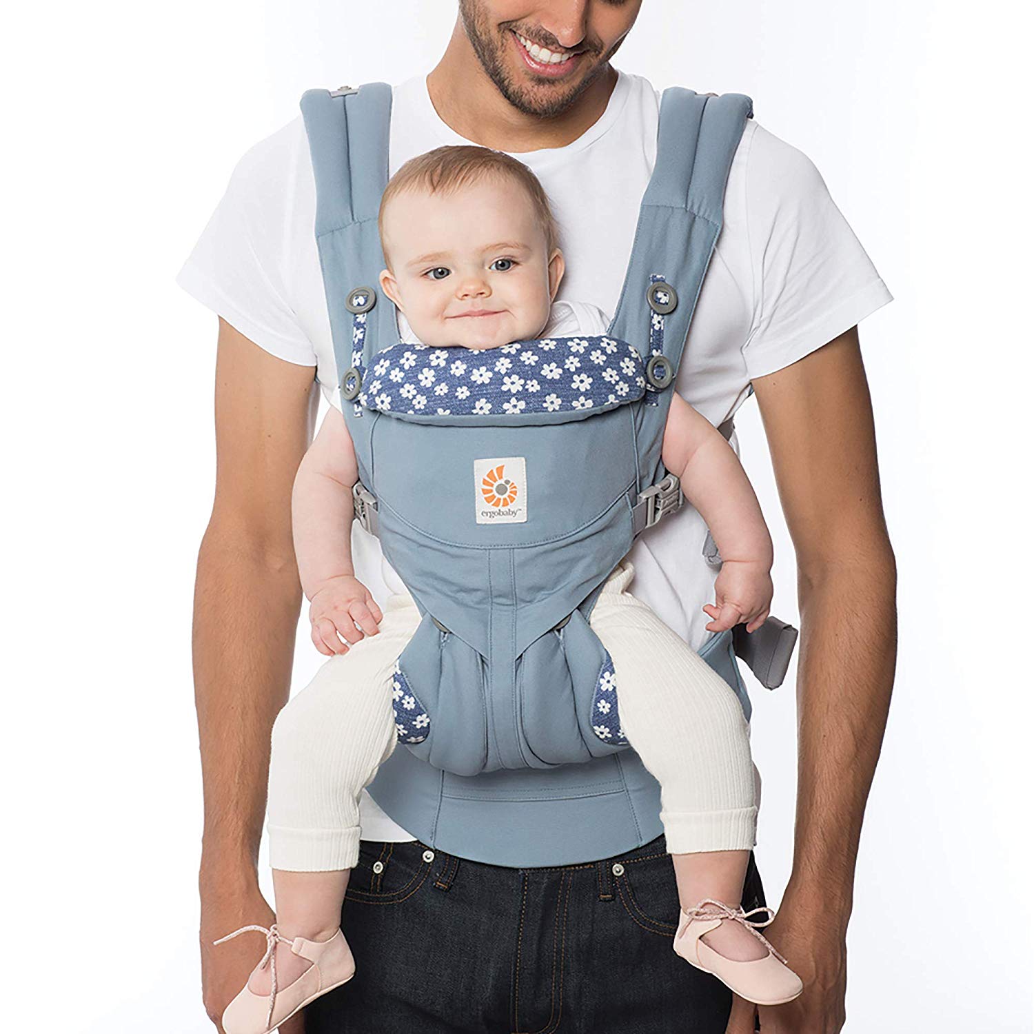 Ergobaby Baby Carrier for Newborns from Birth, 4 in 1 Omni 360, Cotton, Child Carrier System Premium cotton Blue Daisy