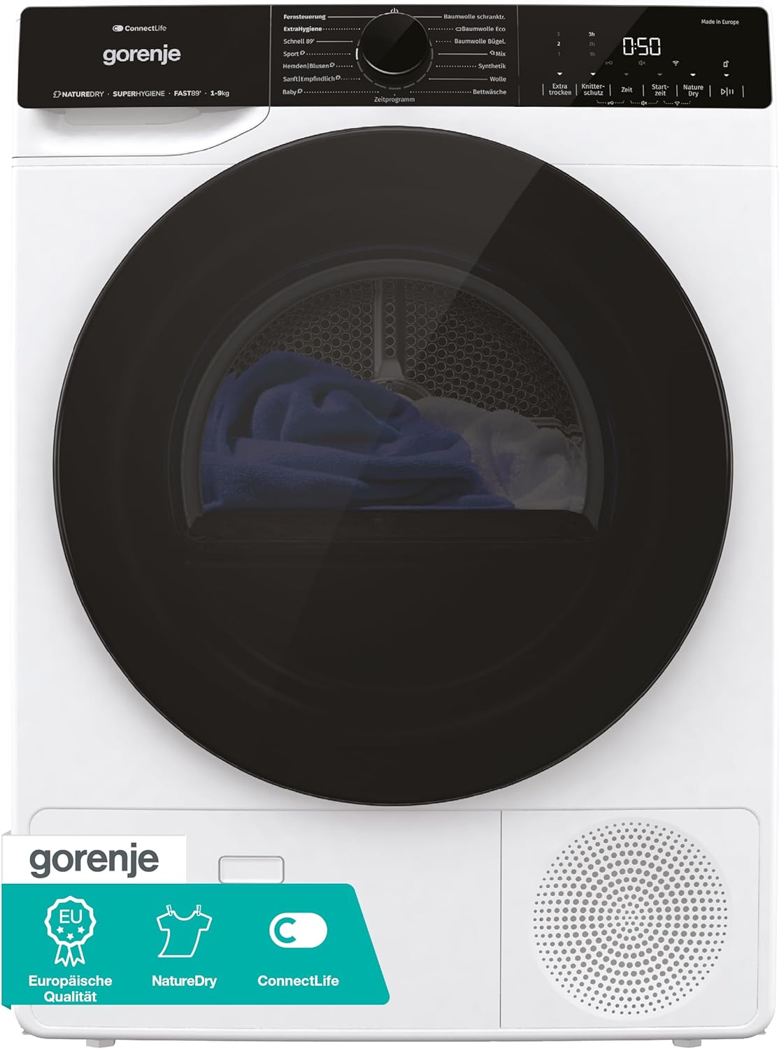 Gorenje DPNA93W Heat Pump Dryer, 9 kg Capacity, 15 Programs, ConnectLife WiFi, Auto Drain, Made in the EU, Nature Dry, Twin Air, Sports Program, Quick Program Energy Class C