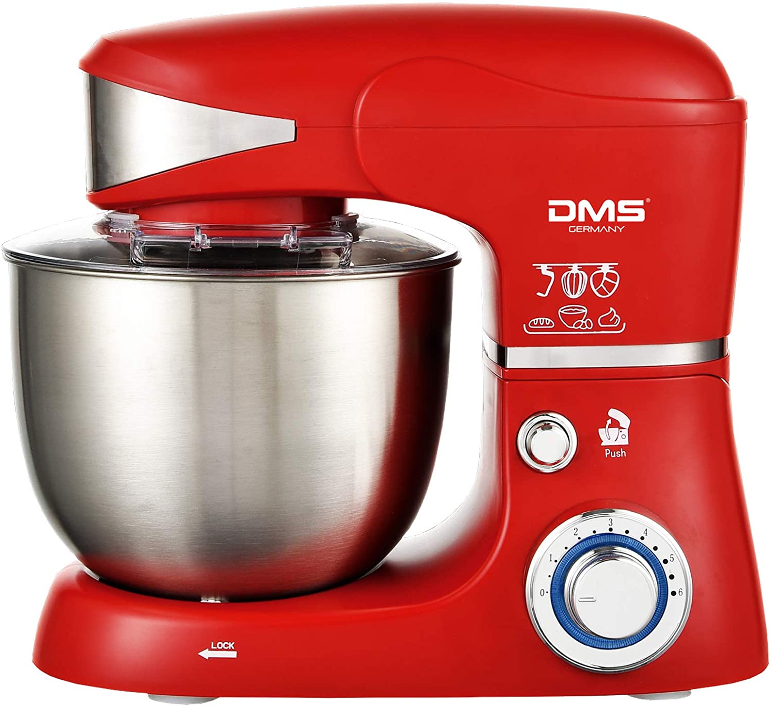 DMS Food Processor | Kneading Machine and Mixer in A 5 Litre Stainless Steel Bowl with Lid | 6 Speed ​​Levels | Splash Guard | Power of 1500 Watt | Red