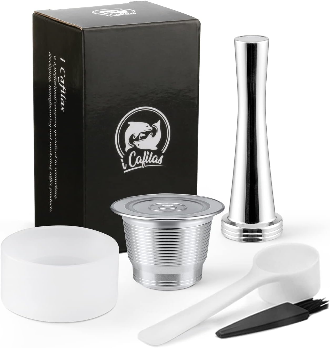 Reusable Refillable Stainless Steel Capsules for Nes Presso, Brush + Spoon (Capsule + Tamper + Powder Filling Aid)