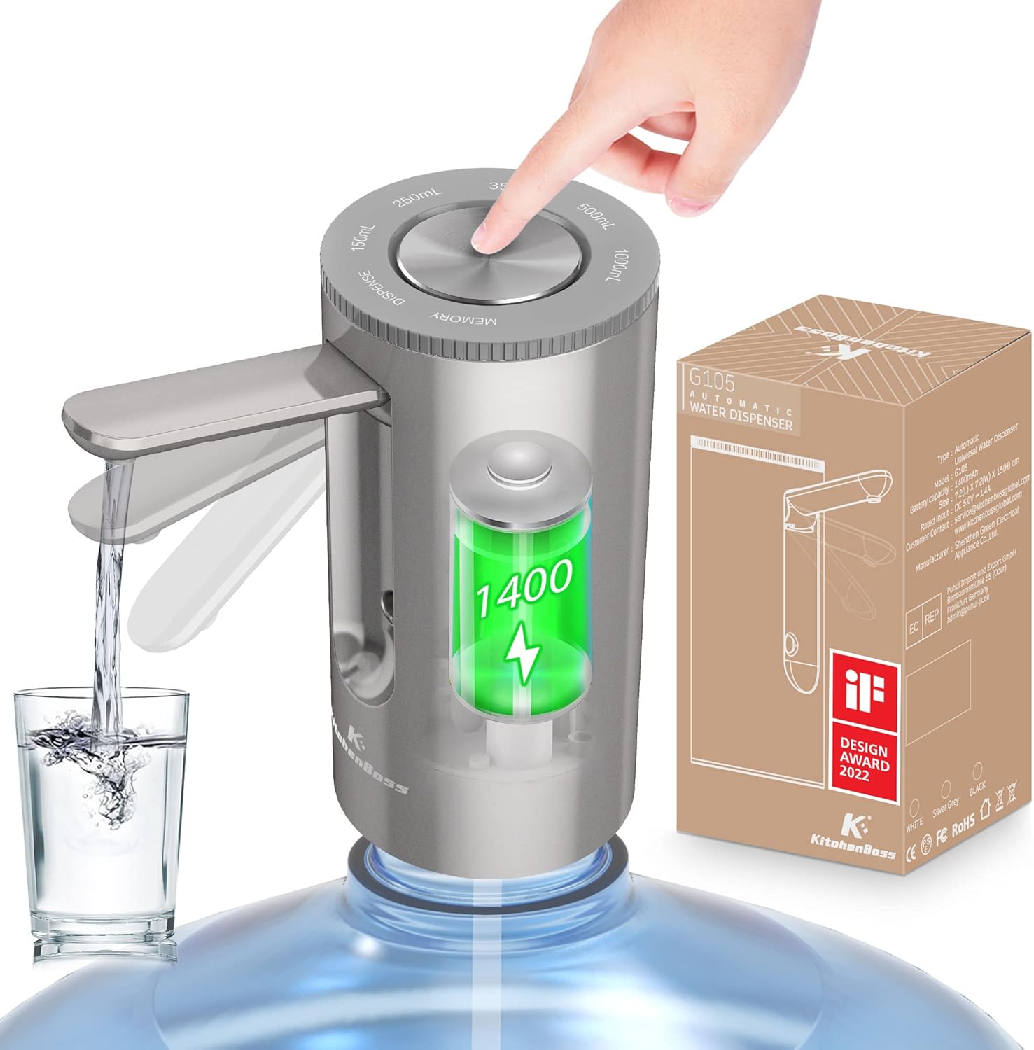 KitchenBoss Water Bottles Pump Bottles Water Dispenser: USB Charging Electric Water Dispenser, 1-5 Gallon Portable Water Dispenser Pump