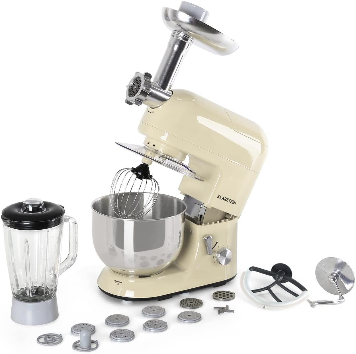 Klarstein Lucia Morena Universal Food Processor, Mixing Machine, Multifunctional Food Processor with Meat Grinder, 1300 W, 5 L, Planetary Mixing System, Mixing Cup, Stainless Steel Bowl, Cream