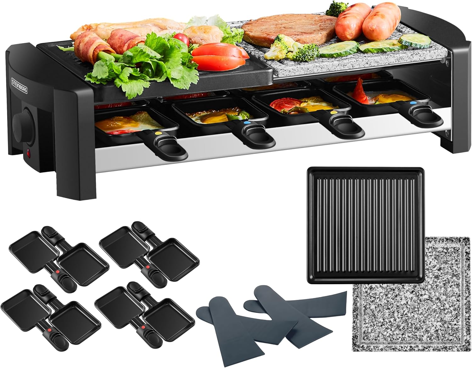 Raclette Device for 8 People, Party Grill with Solid Natural Stone and Coated Grill Plate, Electric Table Grill, 1300 Watt, Stainless Steel Heating Element