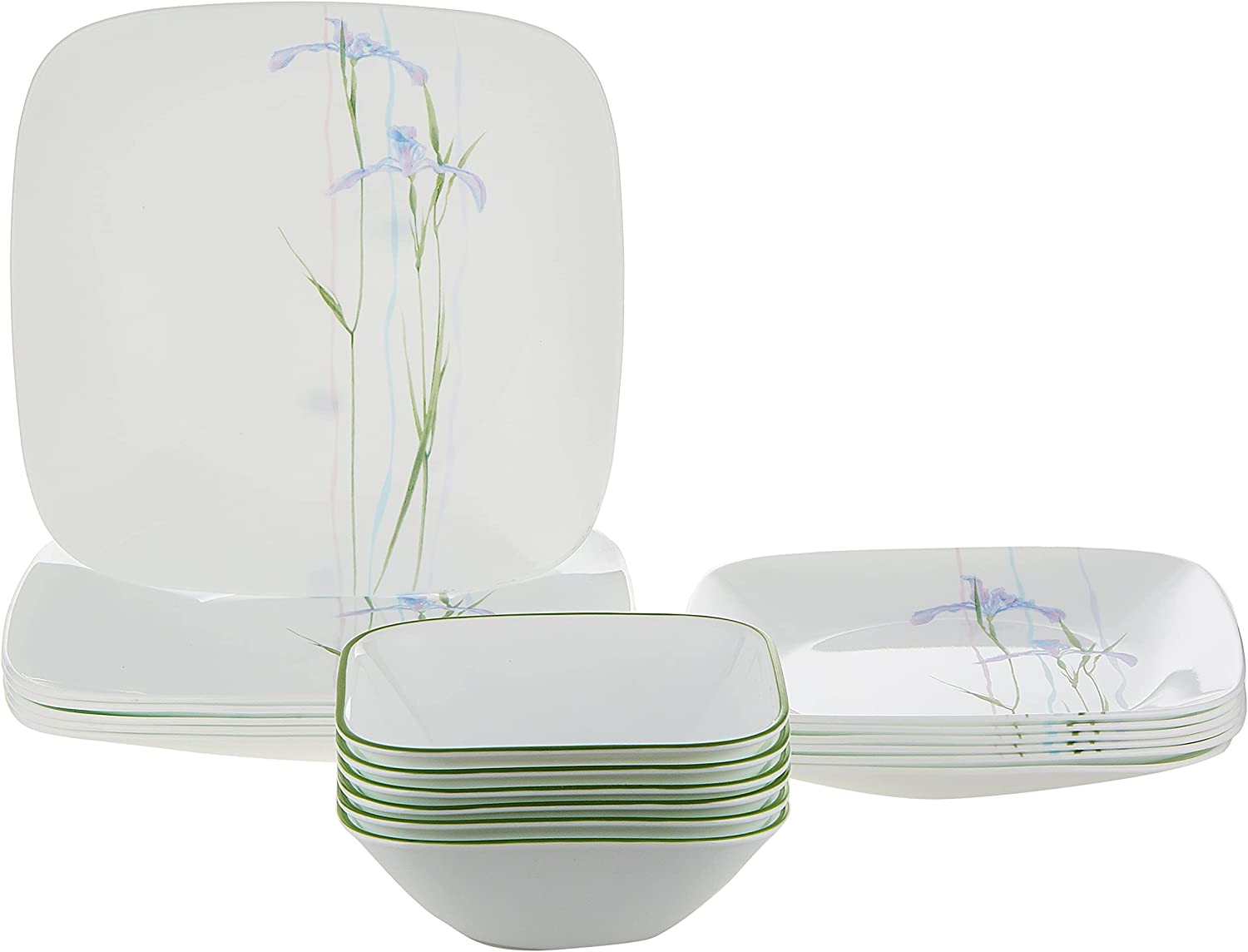 Corelle 18-Piece Vitrelle Glass Shadow Iris Square Chip and Break Resistant Dinner Set, Service for 6, Purple/ Green