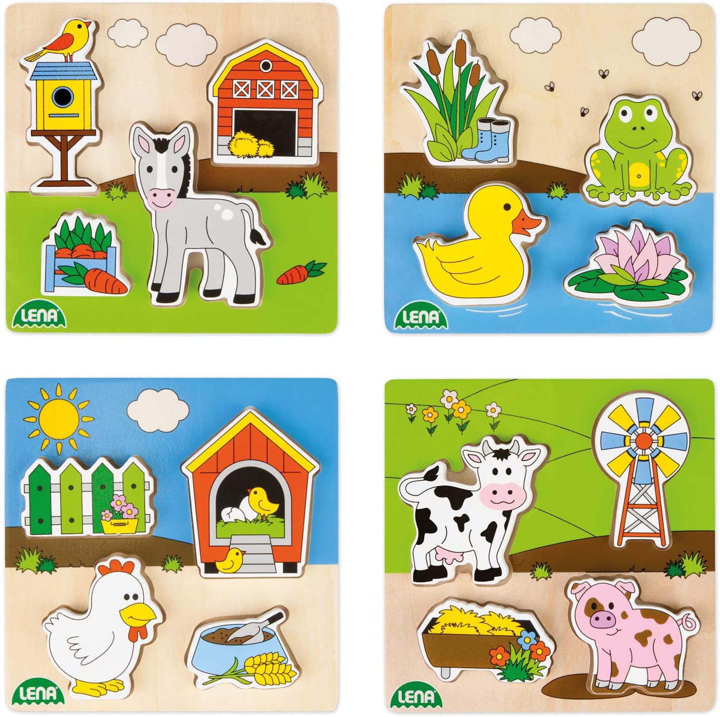 Lena 32150EC Wooden Puzzle Farm Set of 4 Assorted Wooden Puzzles FSC 100% Certified, 4 Laying Puzzles Each with 4 Puzzle Pieces, Tile Game for Toddlers from 18 Months