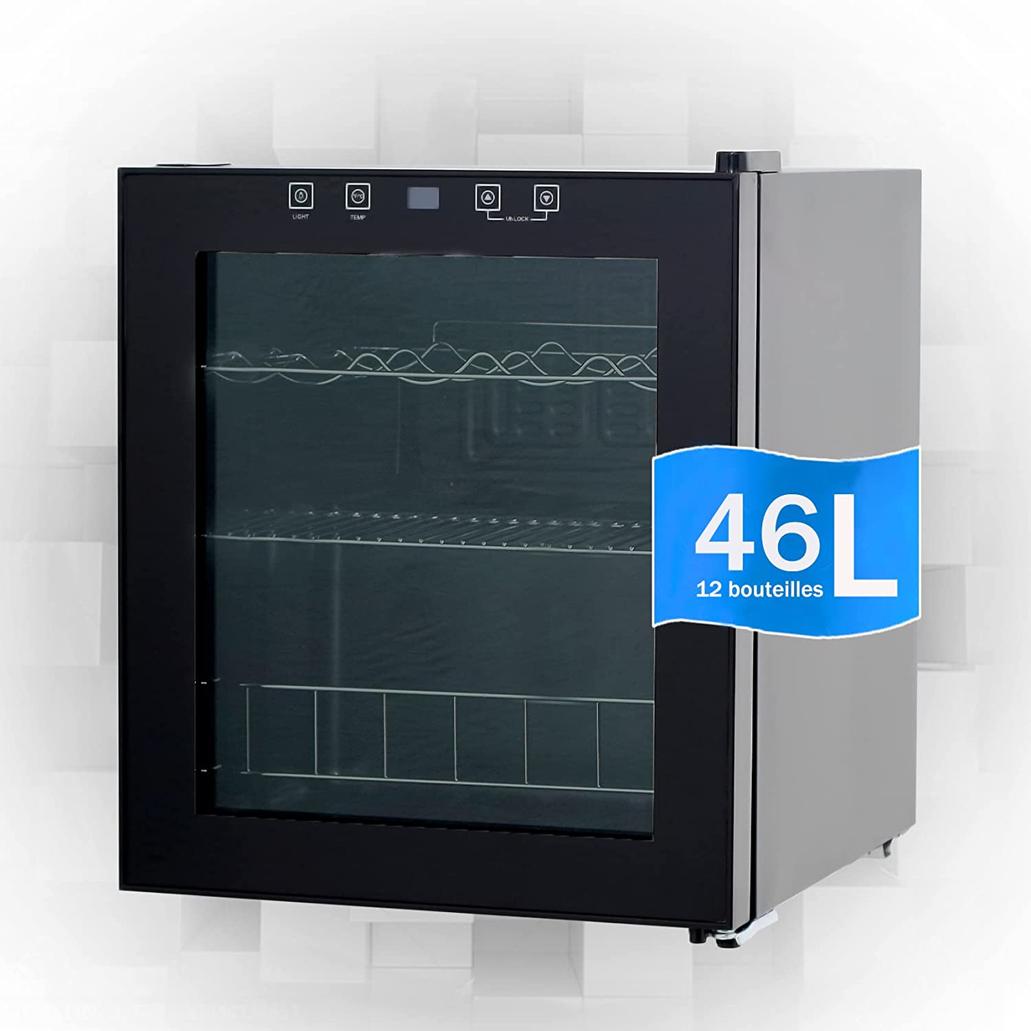 Techomey Wine Fridge, 12 Bottles, 5-18 ° C, Wine Cabinet Compressor with Led Interior Lighting, Touch Screen, Glass Door, 3 Stainless Steel Shelves, No Refrigerant, Wine Fridges, 46l, Black