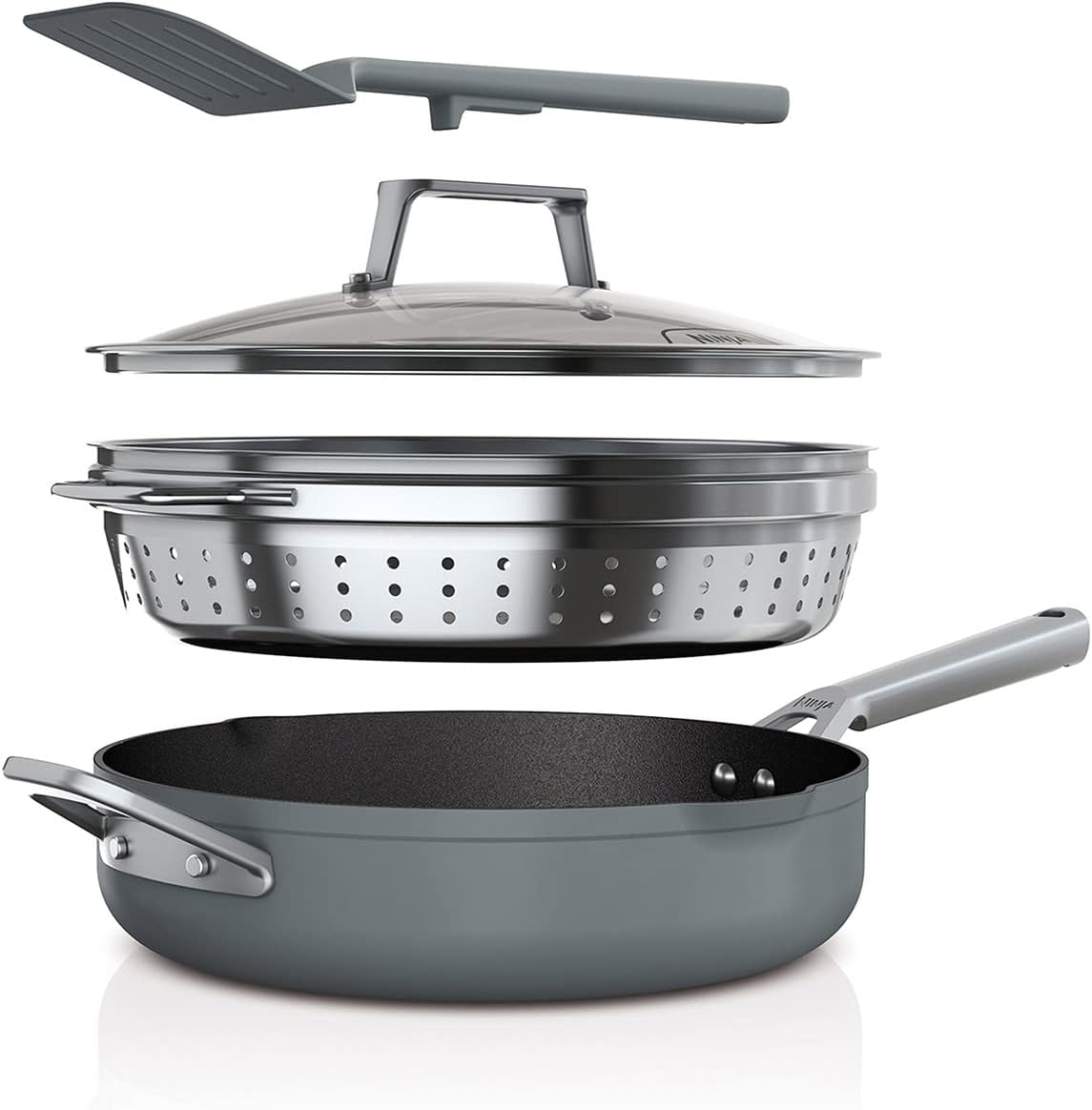 Ninja Foodi 9-in-1 PossiblePan [CW102GYUK] Zerostick Technology, Integrated Steamer/Strainer & Spatula, Non-Stick, Induction Capable, Dishwasher Safe, Sea Salt Grey