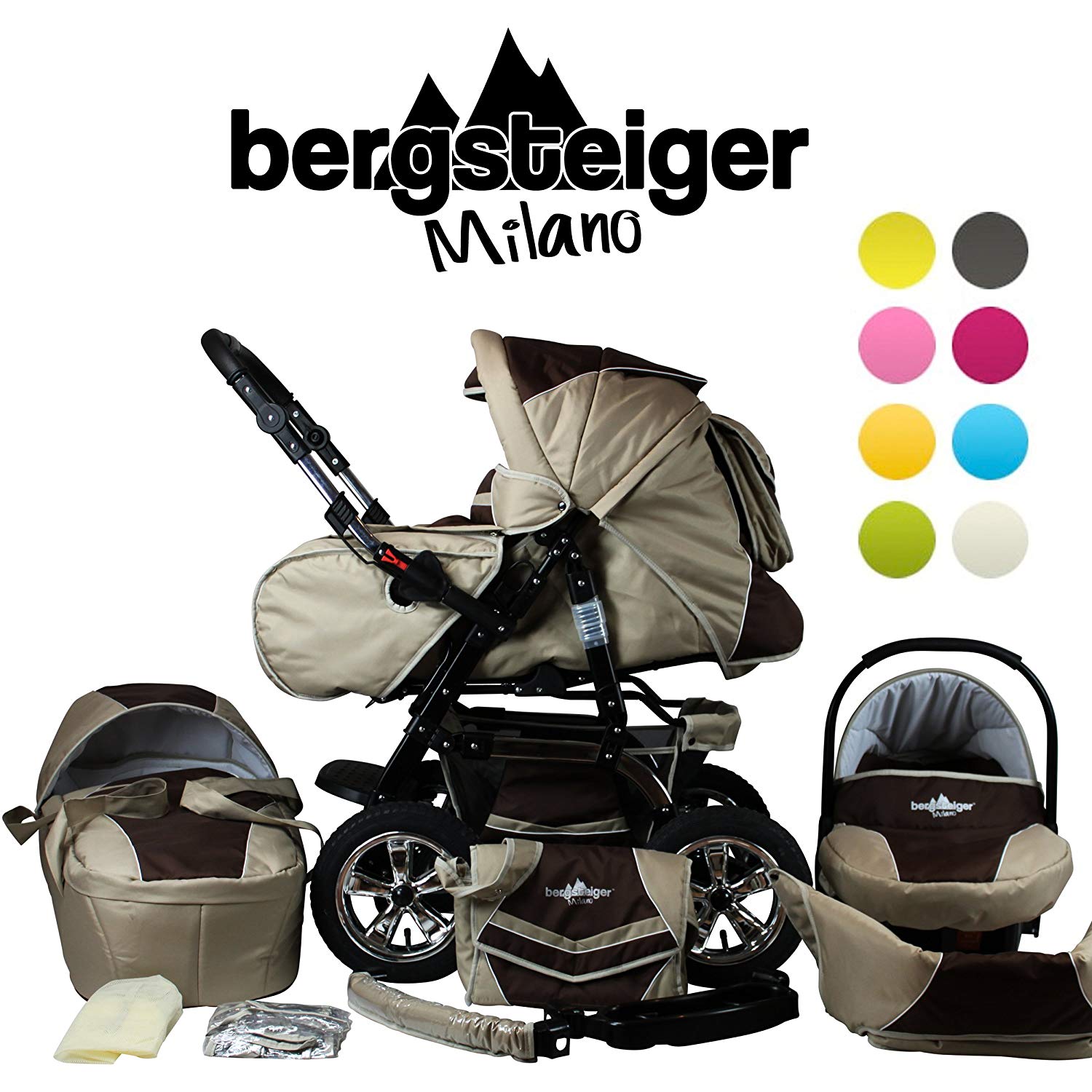 Bergsteiger Milano Combi Pushchair + Car Seat with Travel System (Megaset 10 Pieces), Colour: Beige & Grey