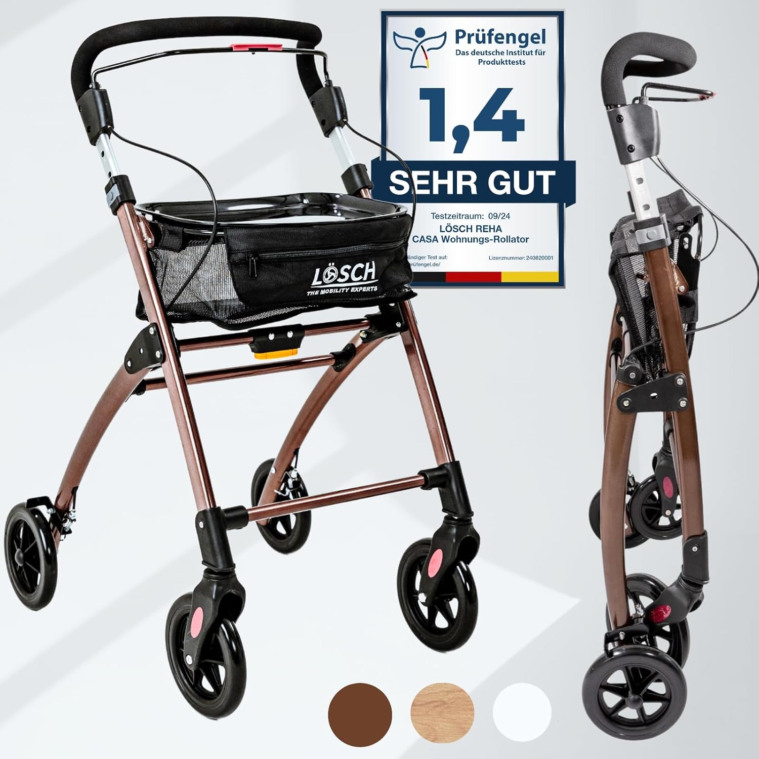 Casa Soft Brown Slim Rollator for Home & Indoor Use, Foldable & Lightweight, 5 kg, Height-Adjustable Home Rollator from Lösch Reha I Reliable Walking Aid for Seniors