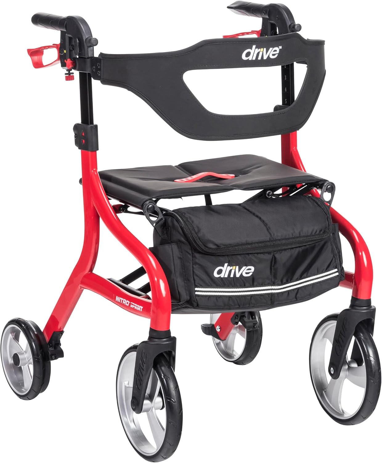 Drive Medical Nitro Sprint Folding Walker with Seat Standard Height Lightweight Large Wheels Folding Walker Red 1 Piece 8.6kg
