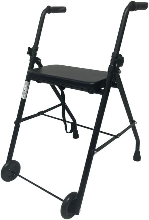 Mobiclinic, Emérita Walking Stand with Wheels, Height-Adjustable, Foldable and Lightweight, Padded Seat, 2 Wheels, Sturdy, Max. 100 kg, Ergonomic Handles, Steel (Matt Black)