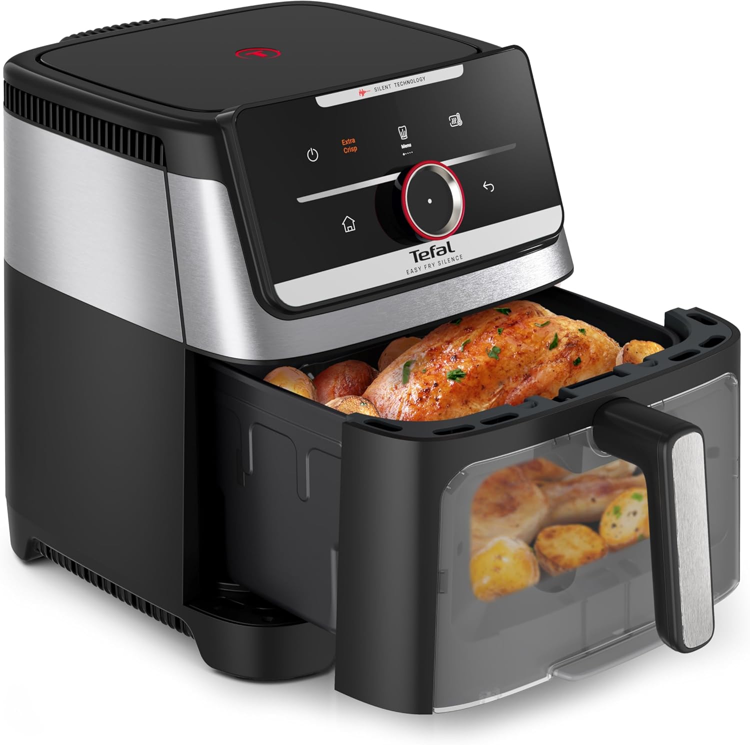Tefal Easy Fry Silence Hot Air Fryer, 7 L Capacity, Silent Technology, Smart Assist System, up to 8 Servings, Removable Front with Viewing Window, Black, EY876DE0