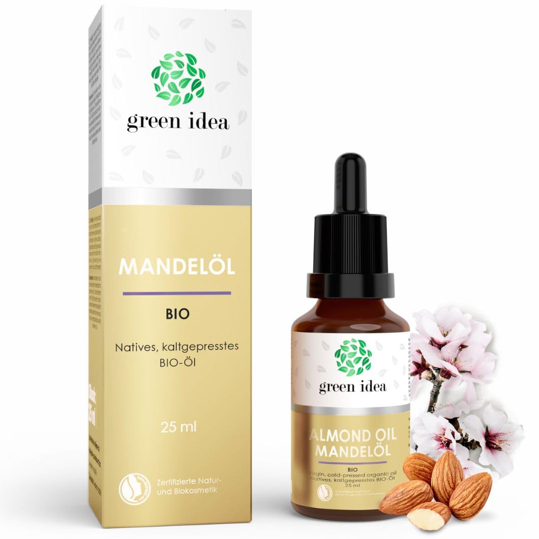 Green idea - Organic Almond Oil for Cosmetics Cold Pressed | Anti-Wrinkle Face Oil | Natrue Certificate | Organic Certified Vegan | Body Oil Dry Skin and Hair | Organic Almond Oil 25 ml