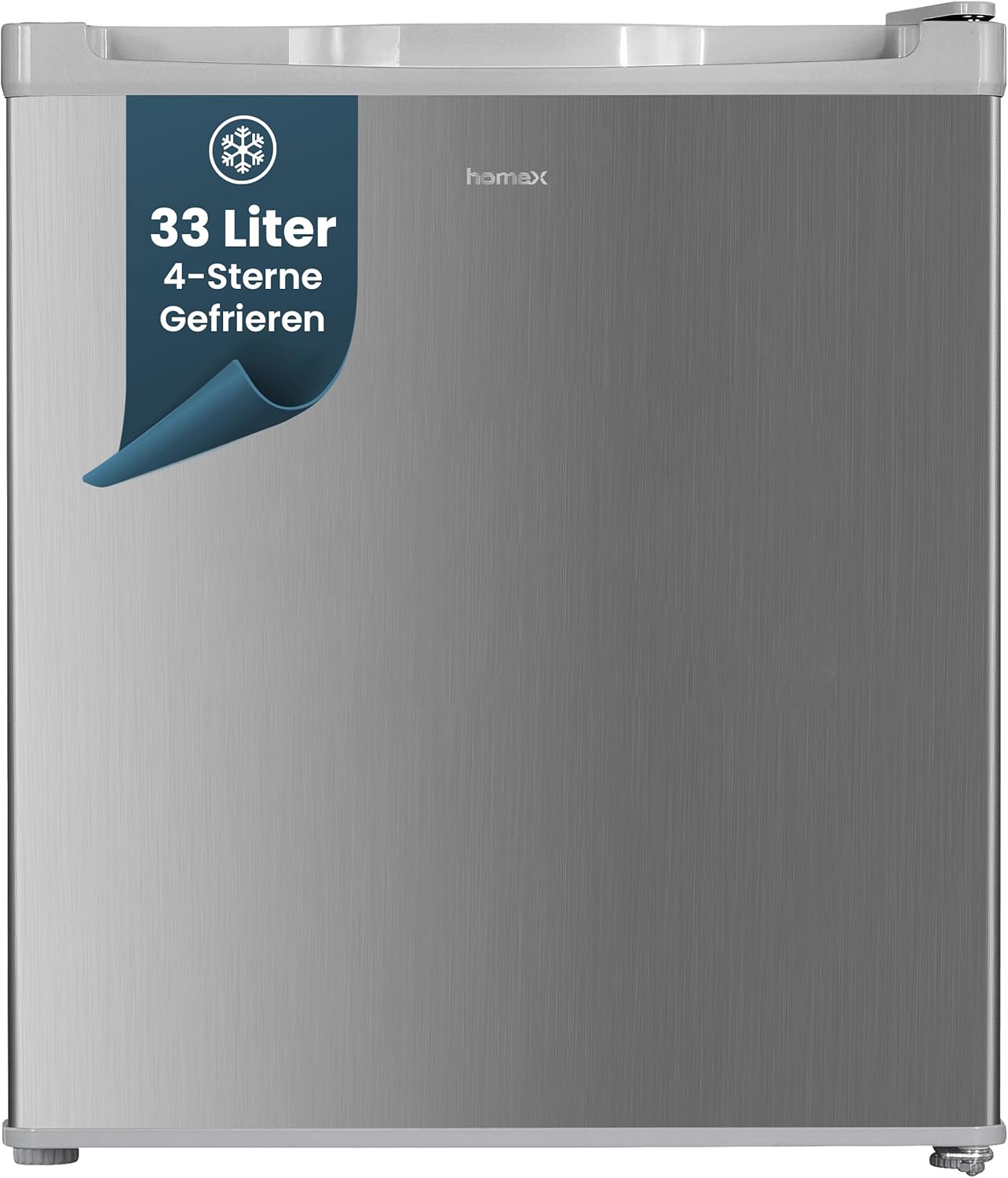 homeX Mini Freezer, Small Freezer - 33 L Net Capacity, 4-Star Freezer Box, Freestanding, Compact Freezer with Temperature Control, Small Freezer, Quiet, Silver