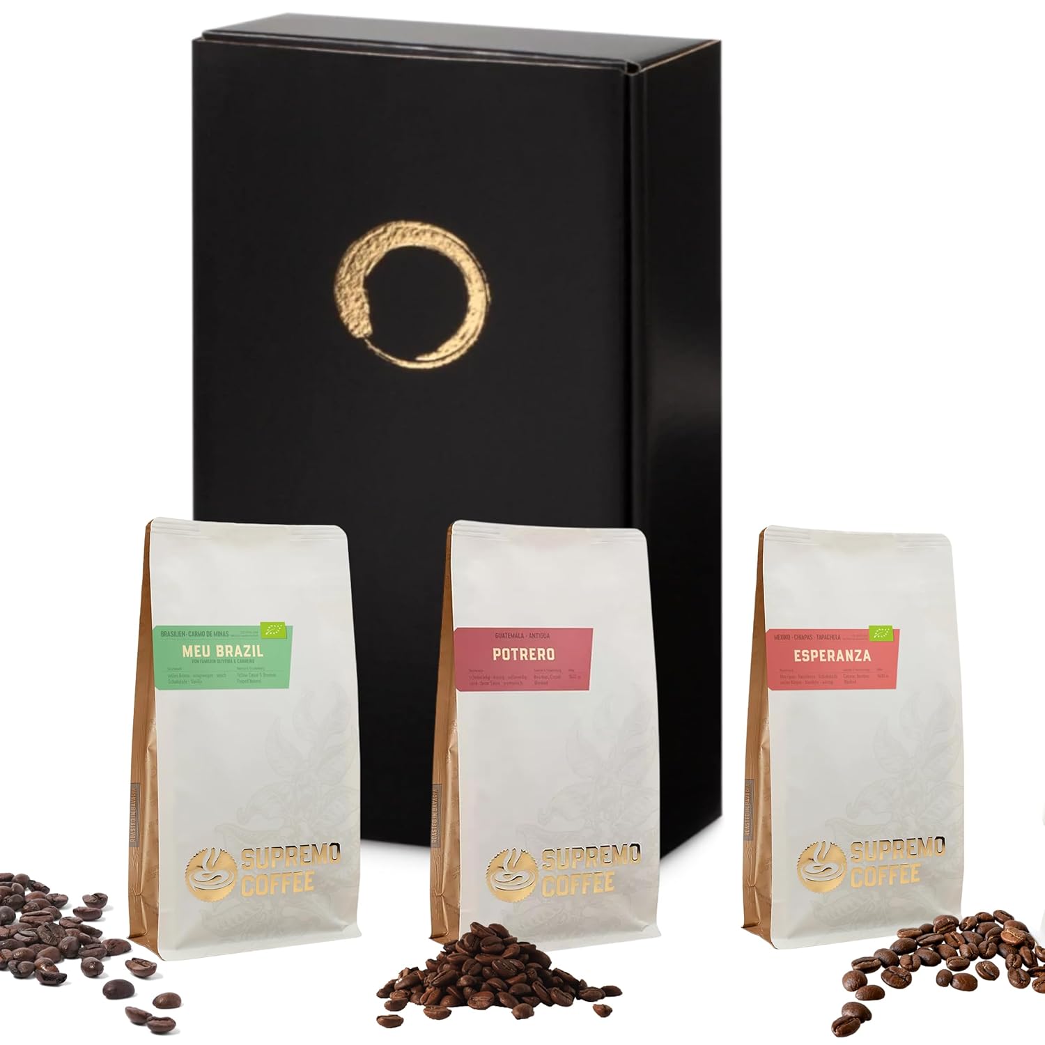 GUSTONE. Premium Espresso Gift Set, 3 Exquisite Coffees by Supremo, Organic Coffee Meu Brazil, Coffee Potrero, Organic Coffee Esperanza