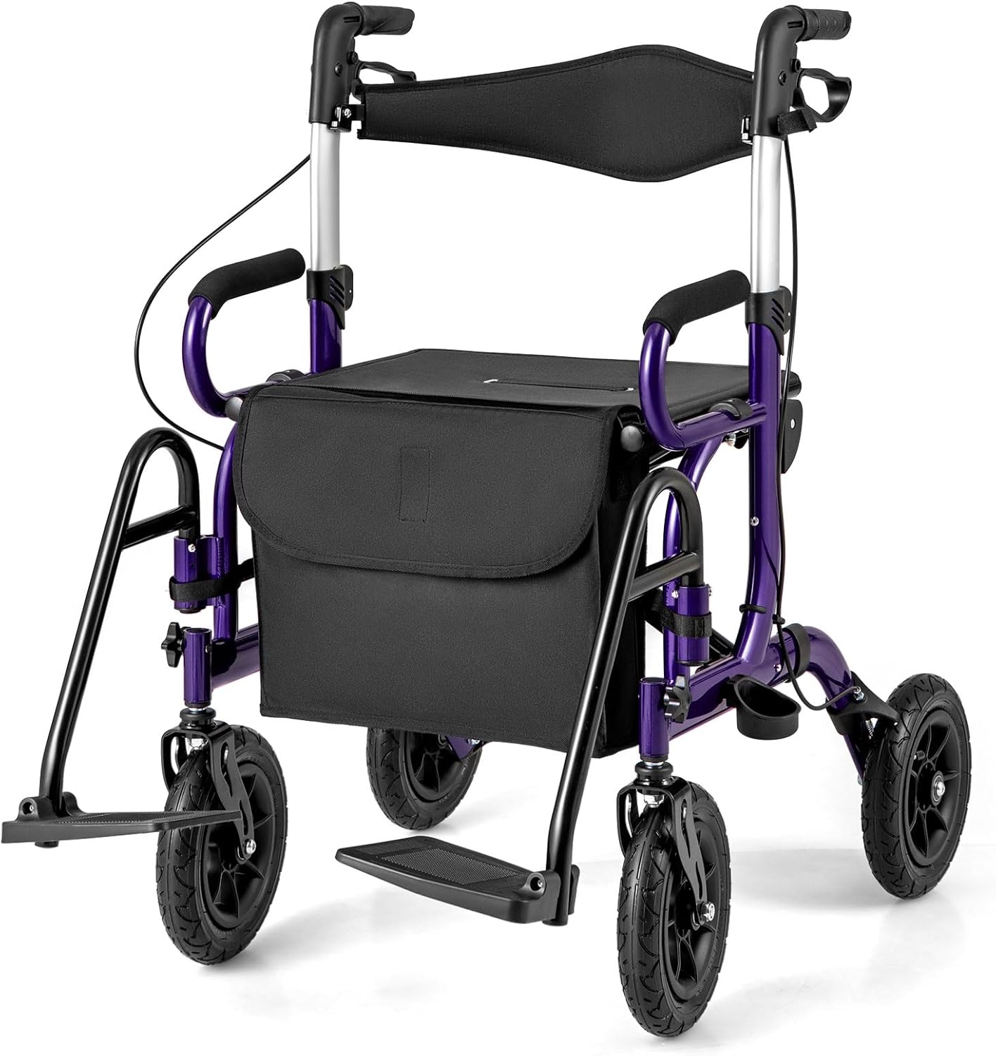 RELAX4LIFE Foldable and Lightweight Rollator with Seat, Aluminum Travel Rollator, 6-Way Height Adjustable Walking Aid with Cane Holder and Bag, Walking Aid with 23 cm All-Terrain Tires (Purple)