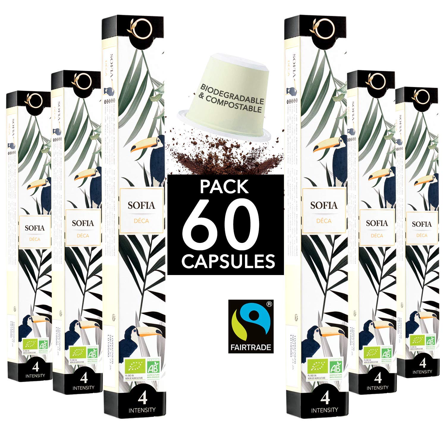 Nespresso Capsules Compatible, Organic Fairtrade Arabica Coffee in Capsules, Biodegradable, Sofia Decaffeinated Coffee (without Solvent), 60 Coffee Capsules, Traditional Roasting