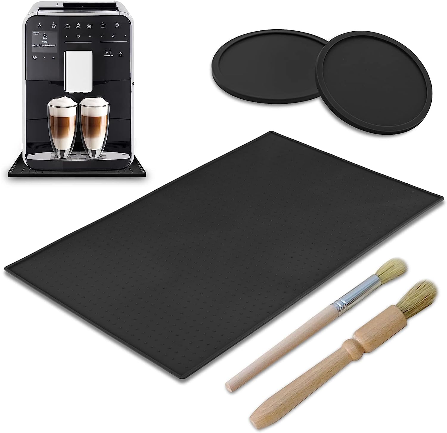 Cresbel Underlay for coffee machine - 48 x 30 cm black mat for coffee machine non -slip underlay, fully automatic coffee machine silicone mat with 2 x silicone coasters and 2 x Brushes - to protect table top