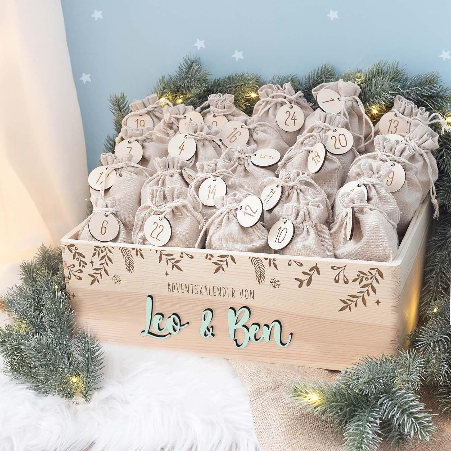 Personalized Advent Box - Wooden Advent Calendar with Name - Engraving Calendar DIY - Christmas Calendar for Children - Hello Mini (Branches 3D)