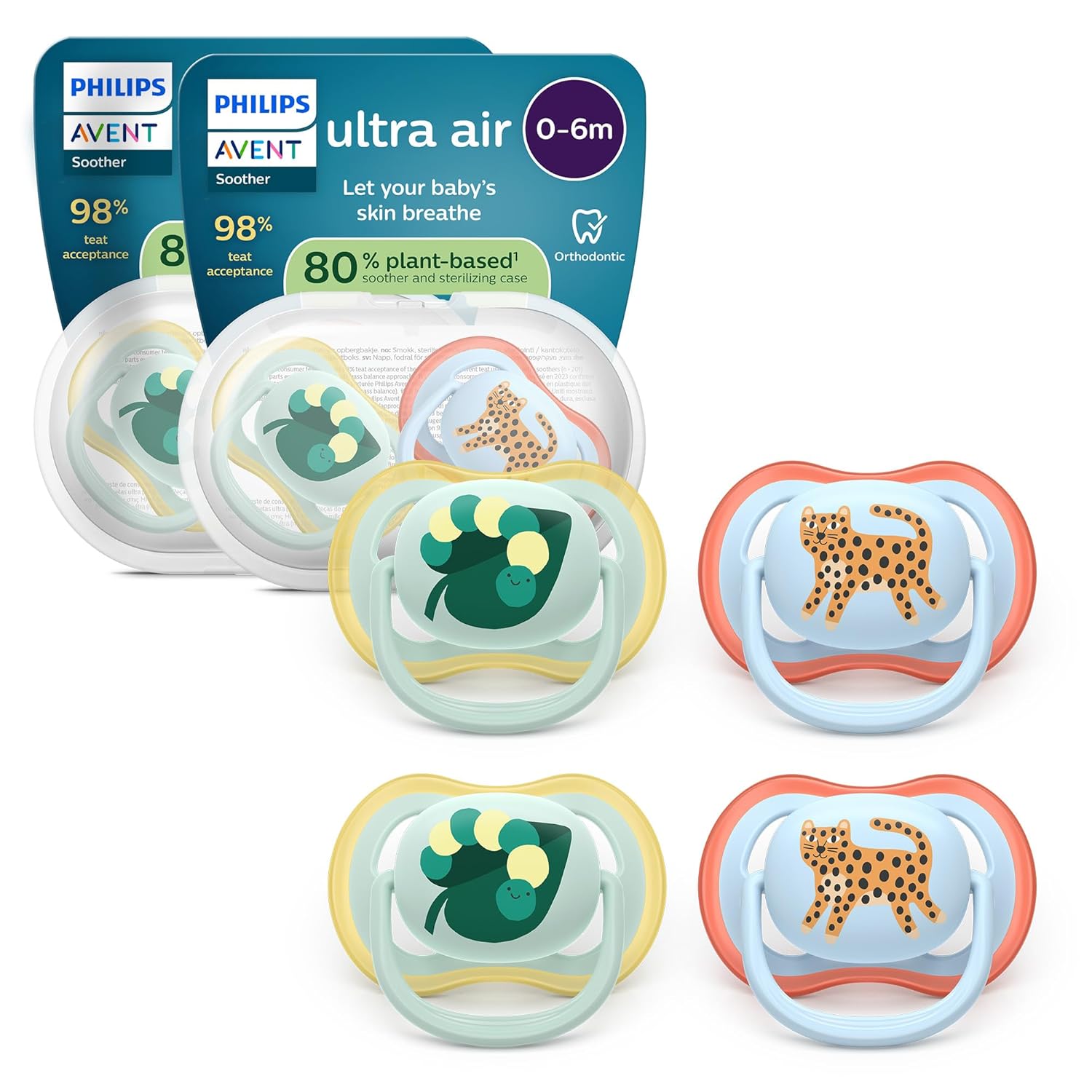 Philips AVENT Ultra Air Pacifier - Orthodontic Design for Babies, 0-6 Months, Soft, Symmetrical Silicone Teat, BPA-Free, 2 Sterilization Containers, Pack of 4, SCF087/19