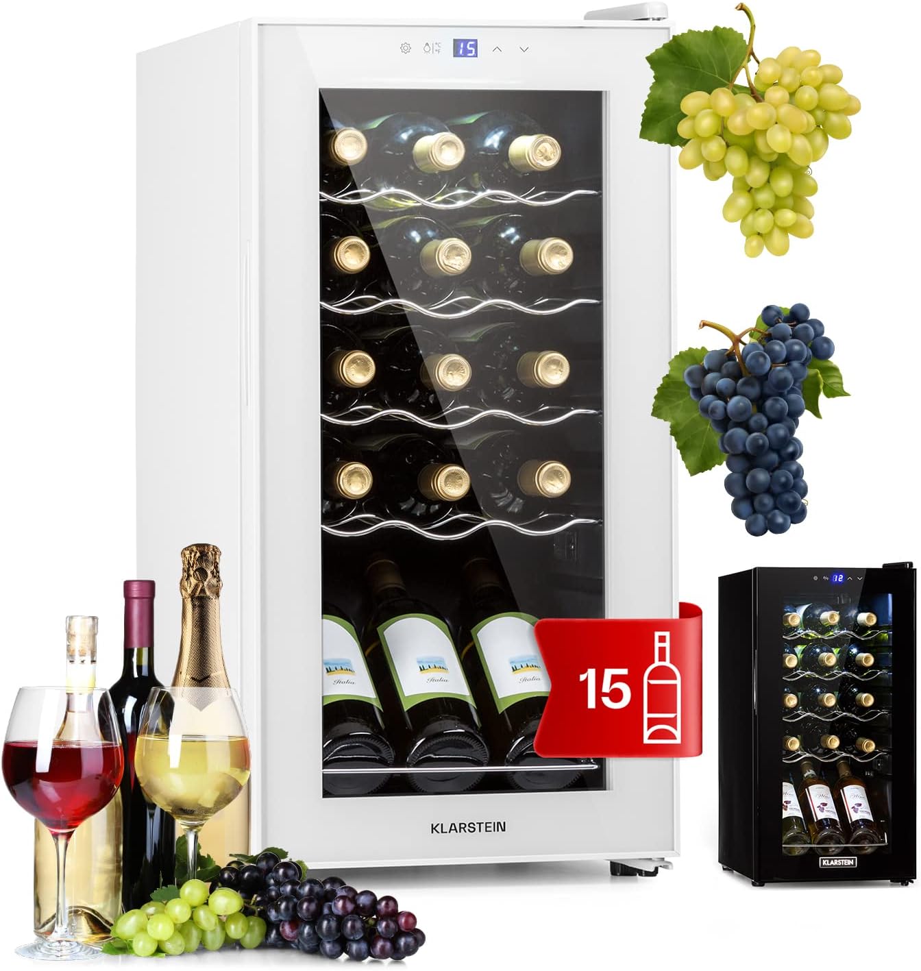 Klarstein Wine Fridge, 1 Zone Drinks Refrigerator, Small, Freestanding Small Wine Cabinet, 44 L Wine Fridge with Glass Door, Indoor/Outdoor Bottle Fridge, Wine Fridge 15 Bottles
