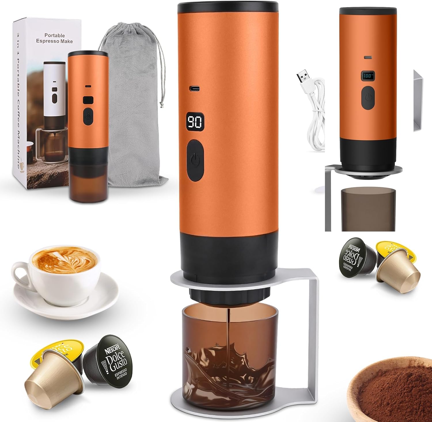 Portable Capsule Coffee Machine, Electric, 80 Seconds Espresso Machine with Battery, 15 Bar, 90 ml, with 7800 mAh Battery, Wireless Self-Heating with Digital Display, Camping Coffee Machine for Travel
