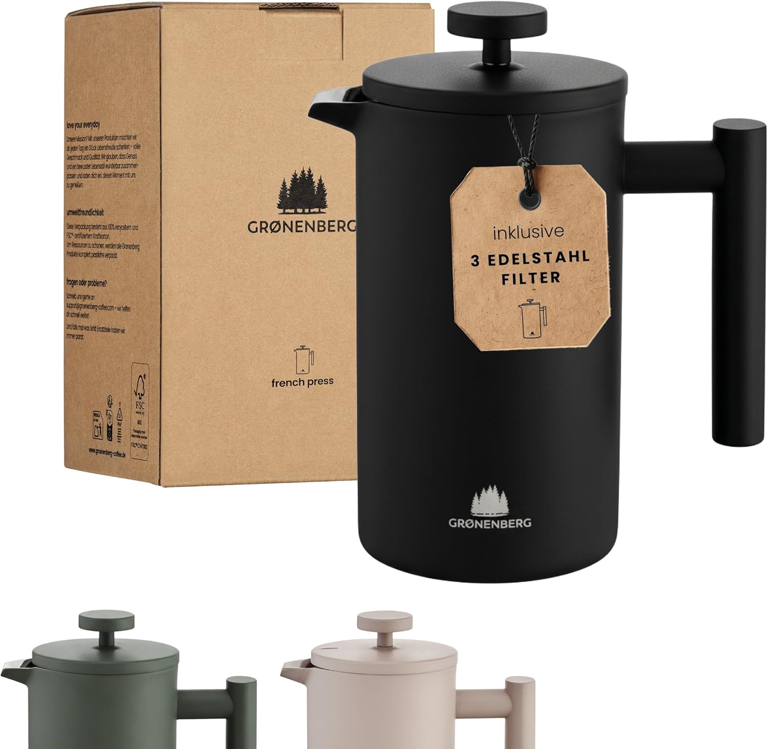 Groenenberg French Press Black 600 ml or 1 Litre I High-Quality Coffee Press with Thermal Warming Function I Stainless Steel Coffee Maker