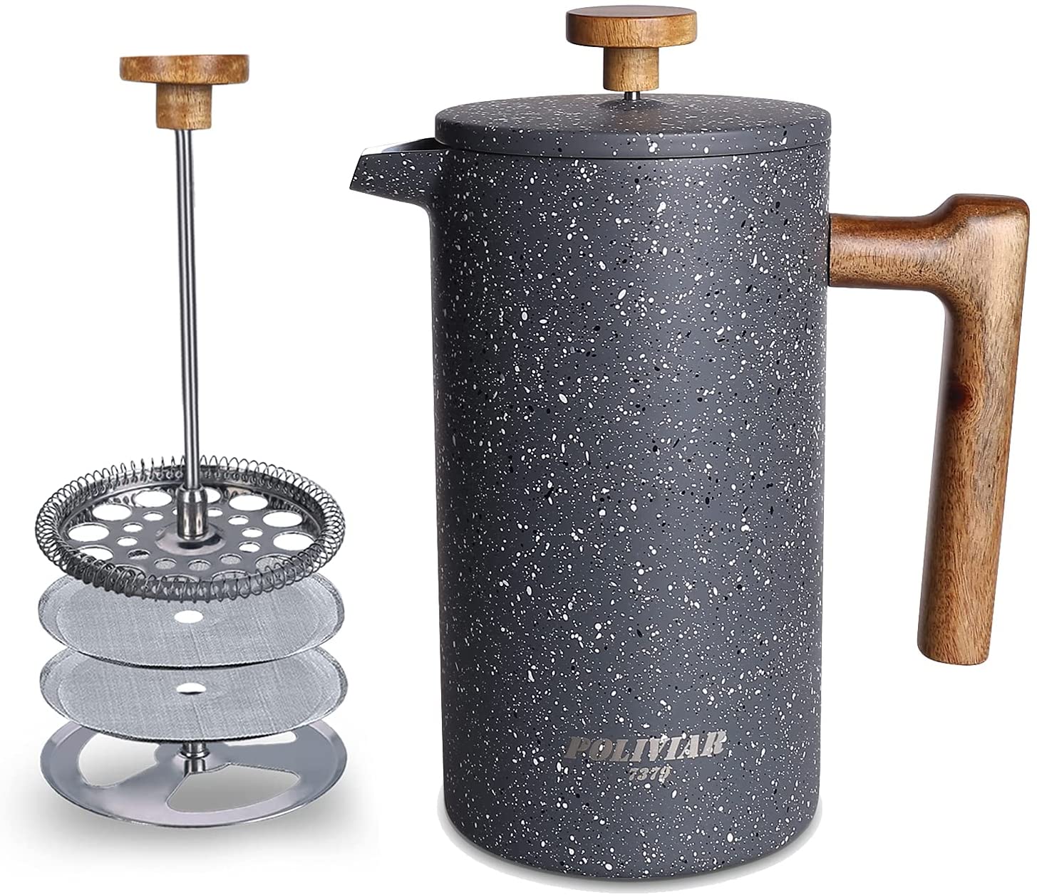 POLIVIAR 7379 Poliviar French Press JX2019-FPG10-DE Coffee Maker, Double-Walled Insulated Coffee Pot, Tea Maker, Hand Filter Coffee Press with Plunger and Handle Made of Solid Wood (Stone) 1 Litre / 8 Cups