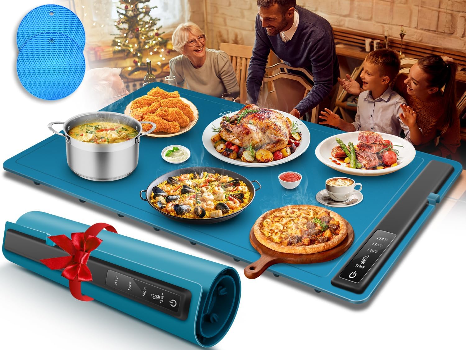 KingSom Electric Warming Plate, Foldable Food Warmer with 3 Adjustable Temperatures, Silicone Warming Plate for Food 60-100°C Adjustable, Buffet Warmer Heating Plate with 2 Small Mats