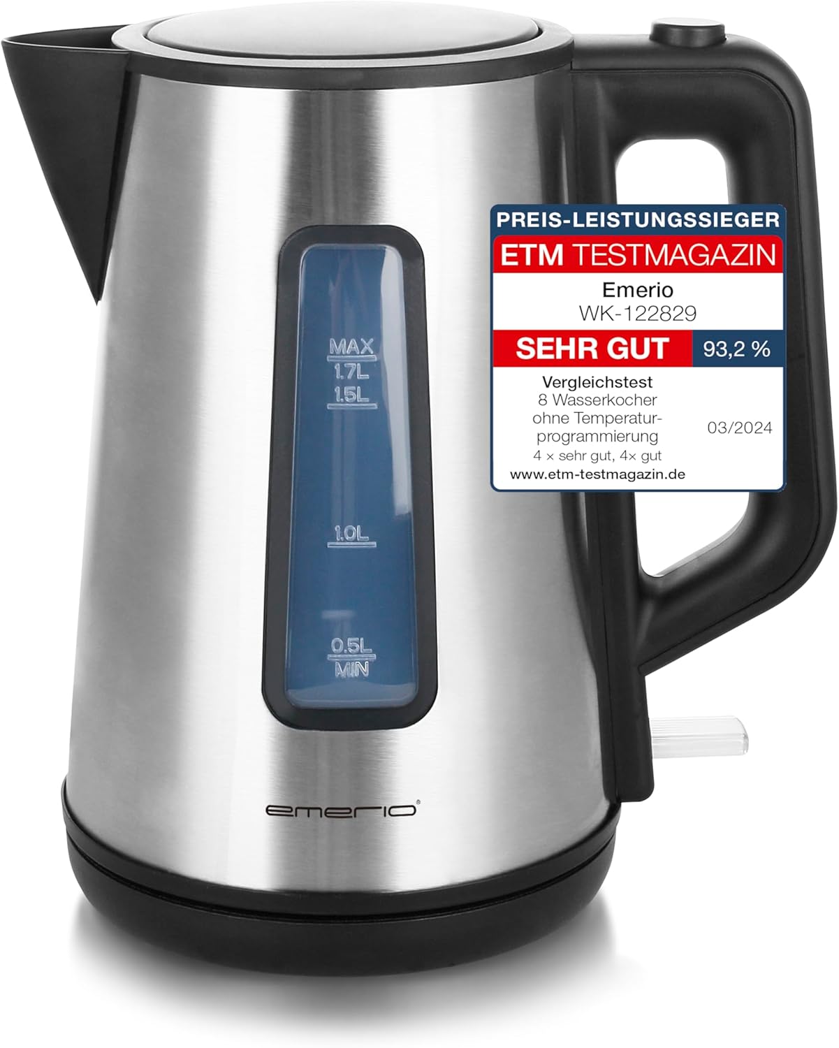 Emerio Kettle Double-Walled Cool-Wall Housing 1.7 L BPA 2200 Watt Auto Off Overheating Protection with High-Quality Stainless Steel Covered Heating Element Lid Opening at the Touch of a Button