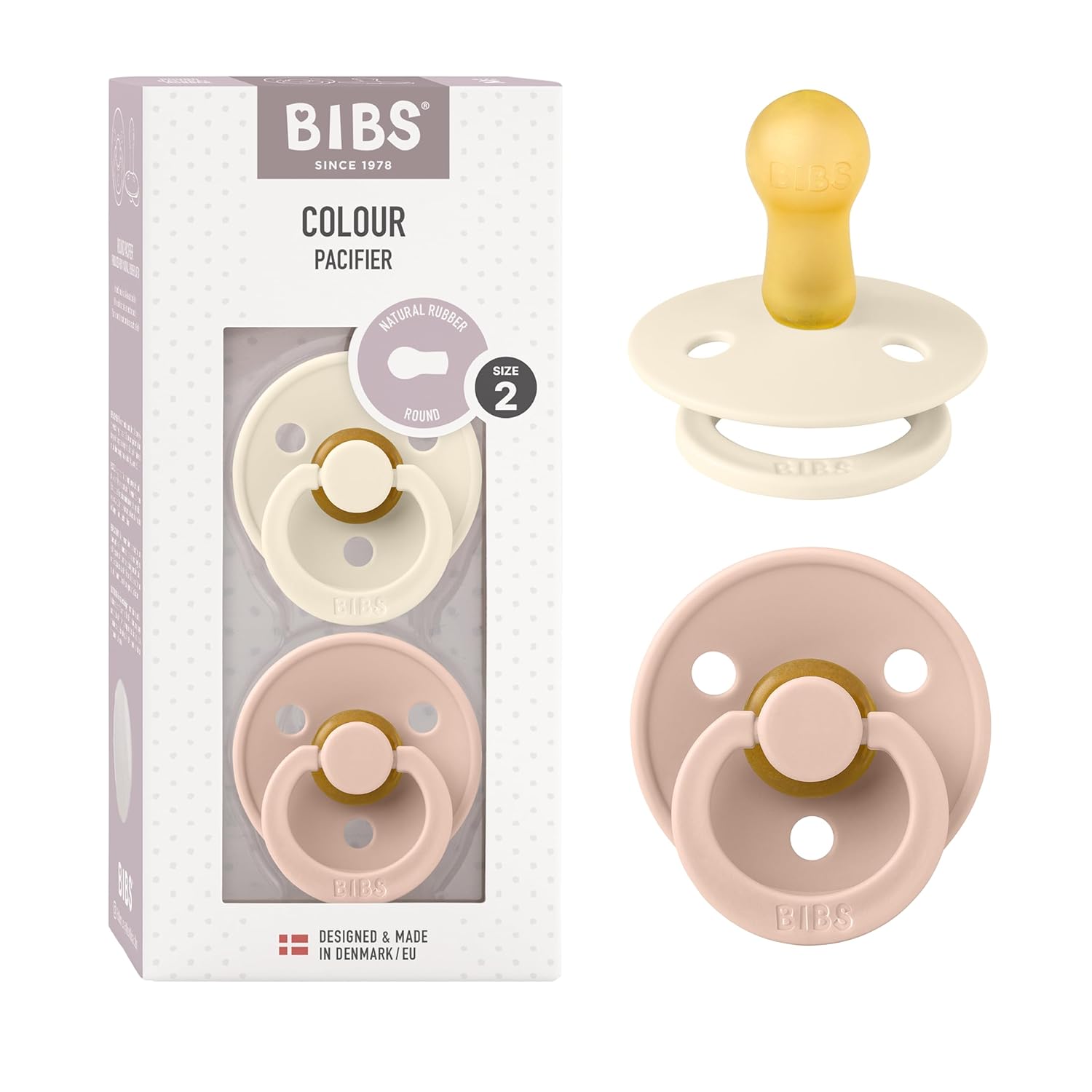 Bibs Dummies, 2-Pack of Colorful Dummies, Natural Rubber Danish Dummies in a Cherry Shape